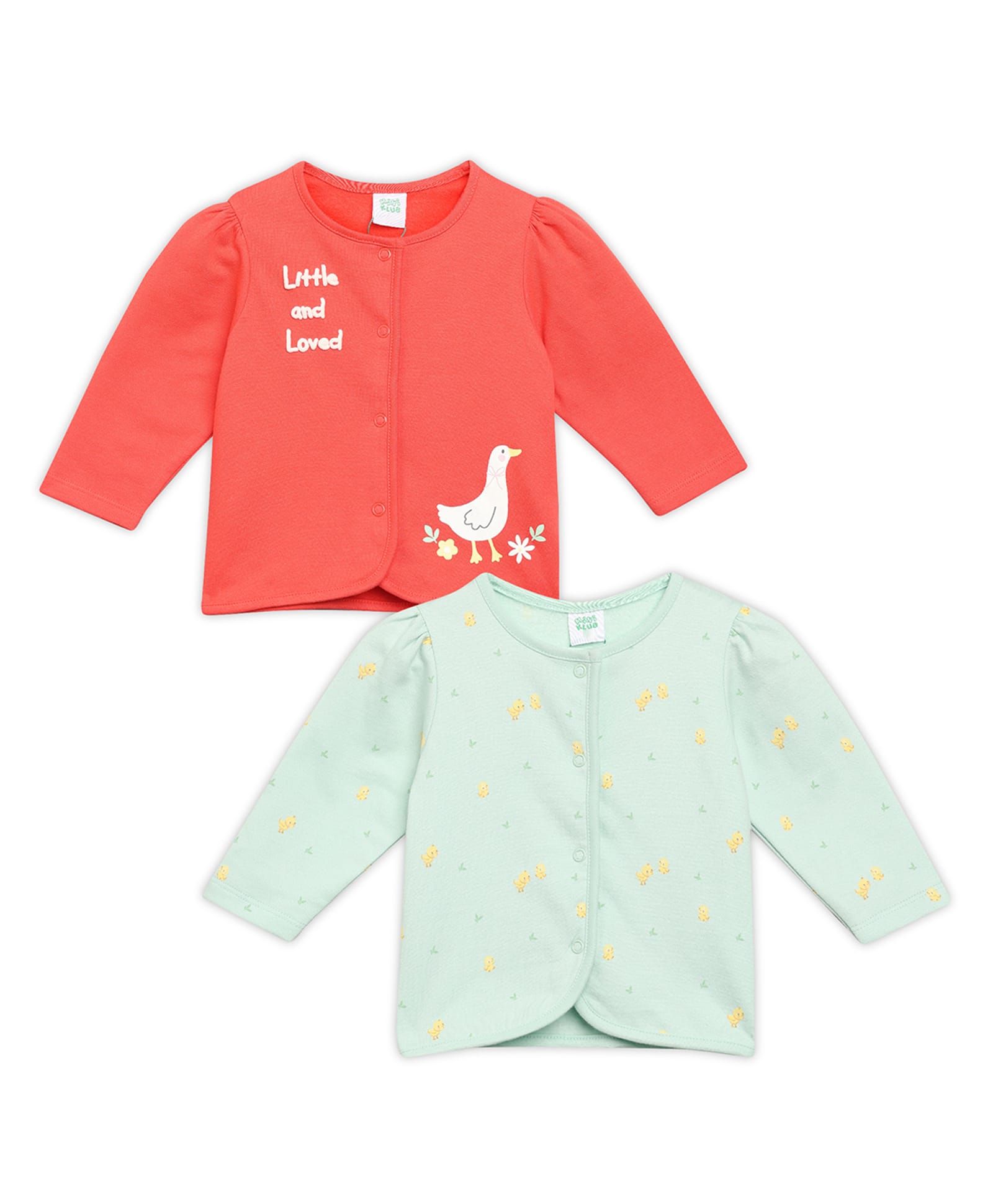 MINI KLUB Cotton Knit Pack Of 2 Full Sleeves Birds & Little And Love Text Printed Front Open Vests - Red & Green-picture-34