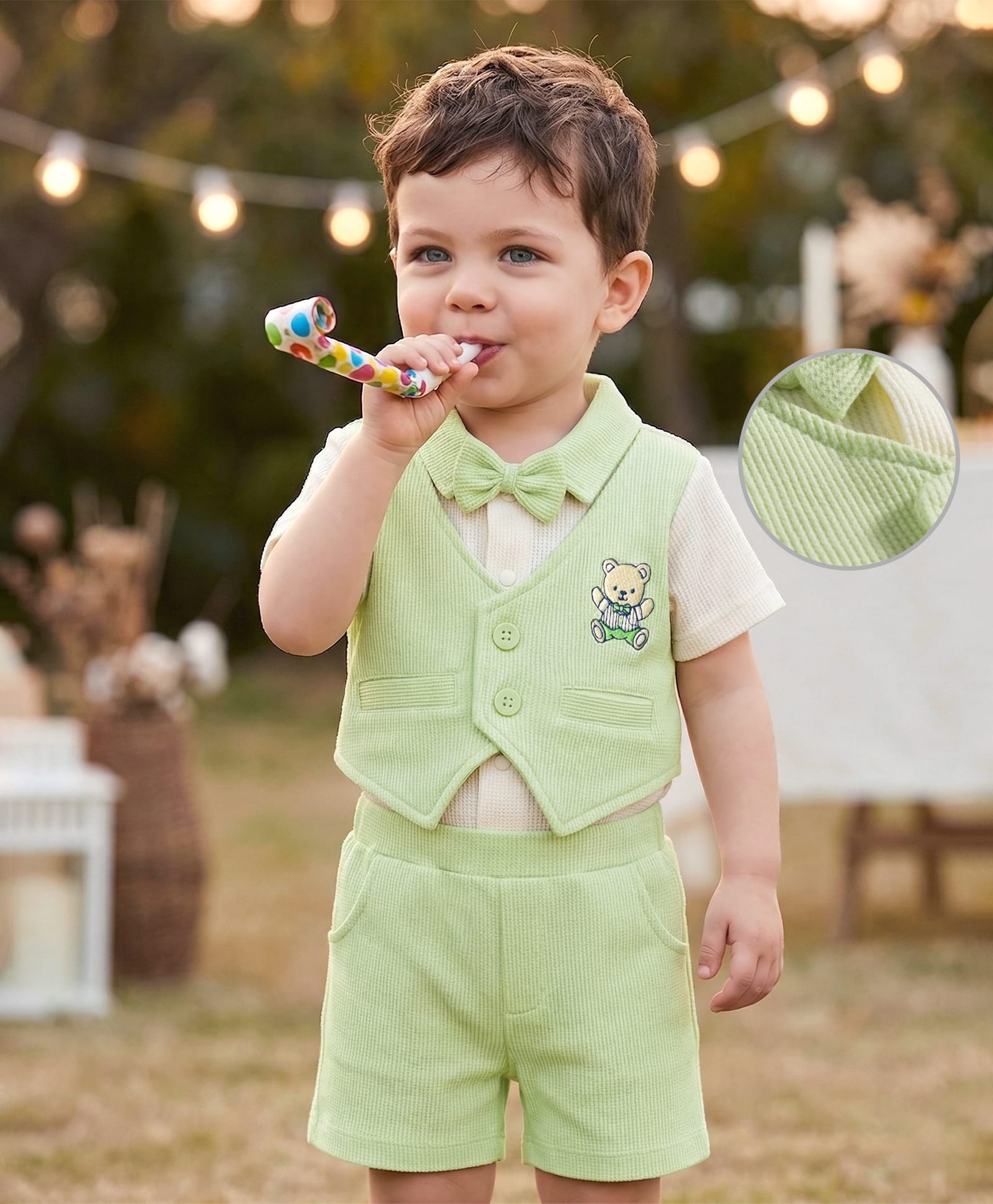 Babyoye 100% Cotton Knit Half Sleeves T-Shirt & Shorts Set with Bear Embroidery - Light Green & Cream-picture-13