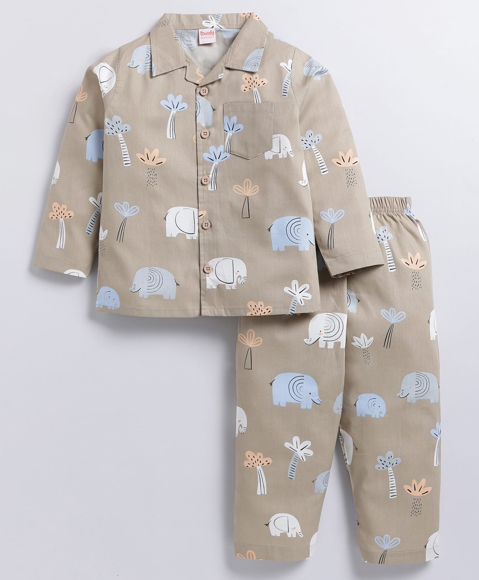 Snuggly MONKEY Poplin Woven Full Sleeves Elephant Printed Night Suit Set - Light Brown-picture-22