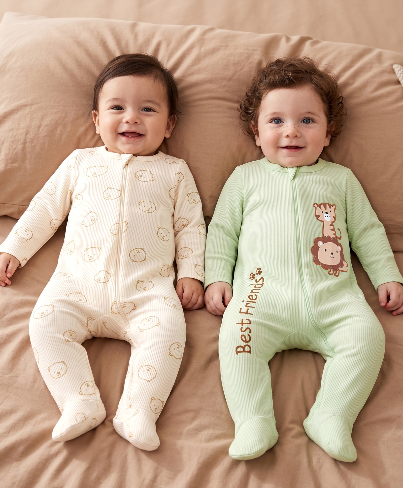 Babyoye 100% Cotton Knit Full Sleeves Animal Printed & Embroidered Footed Sleepsuits Pack Of 2 - Light Green & Cream-image-41