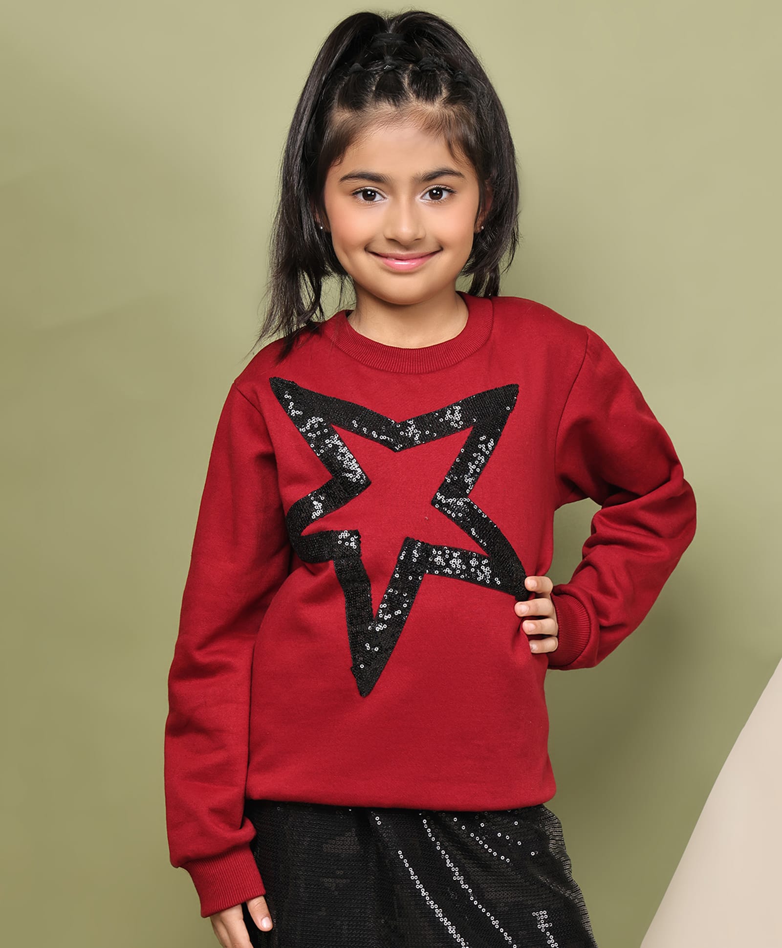 BaawRi Cotton Fleece Knit Full Sleeves Star Designed Sequins Embellished Pre Winter Sweatshirt - Red-picture-17