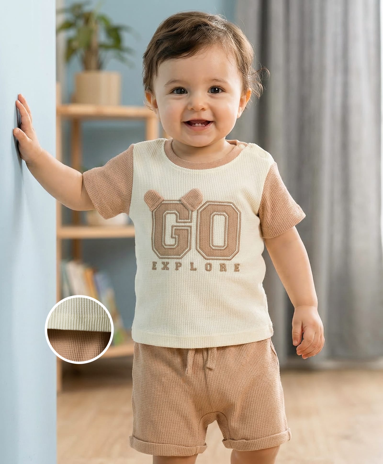 Babyoye 100% Cotton Knit Half Sleeves T-Shirt & Shorts Set with Text Print & Applique - Peach & Cream-picture-10