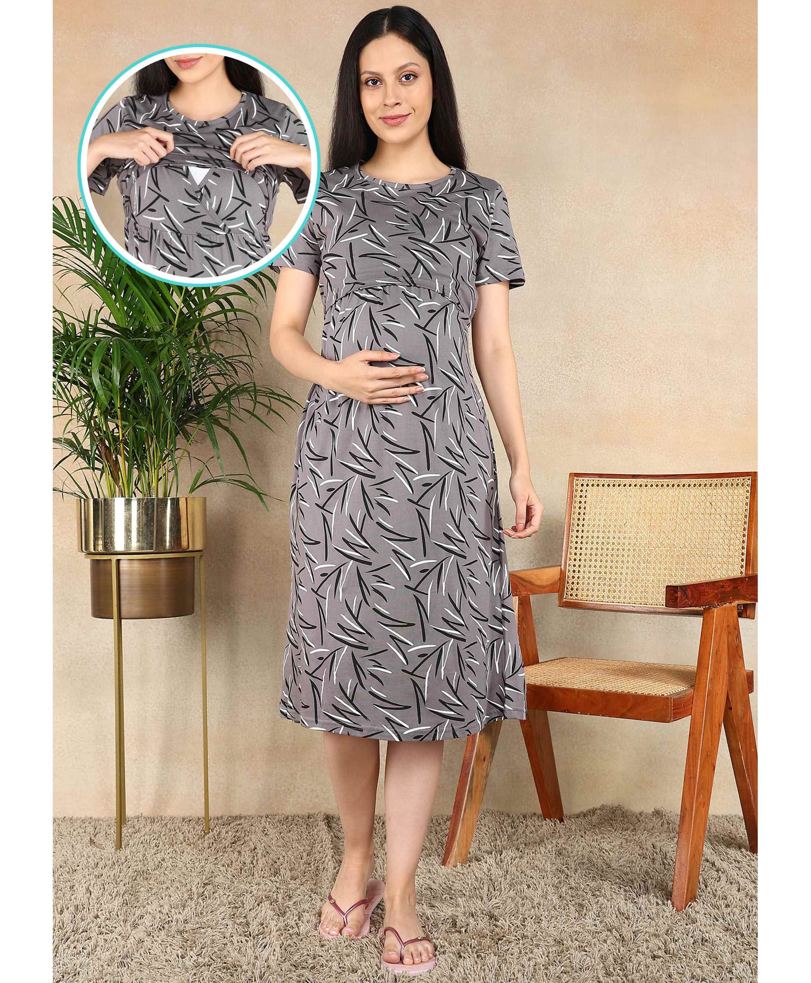 Moms Ever Knitted Knit Half Sleeves Abstract Printed Maternity Nighty With Overlap Nursing Access - Grey-image-39