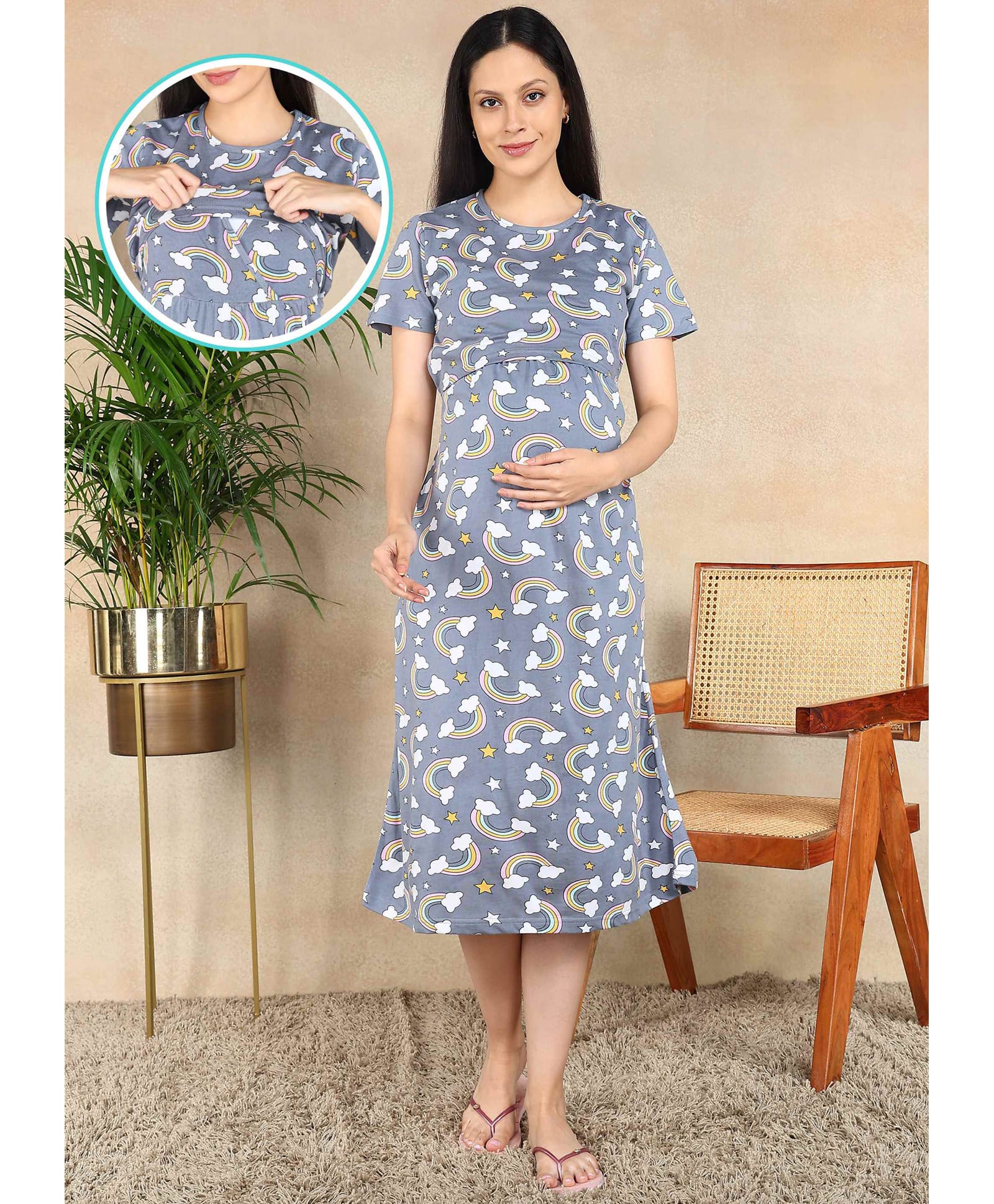 Moms Ever Knitted Knit Half Sleeves Rainbow Printed Maternity Nighty With Overlap Nursing Access - Grey-image-40