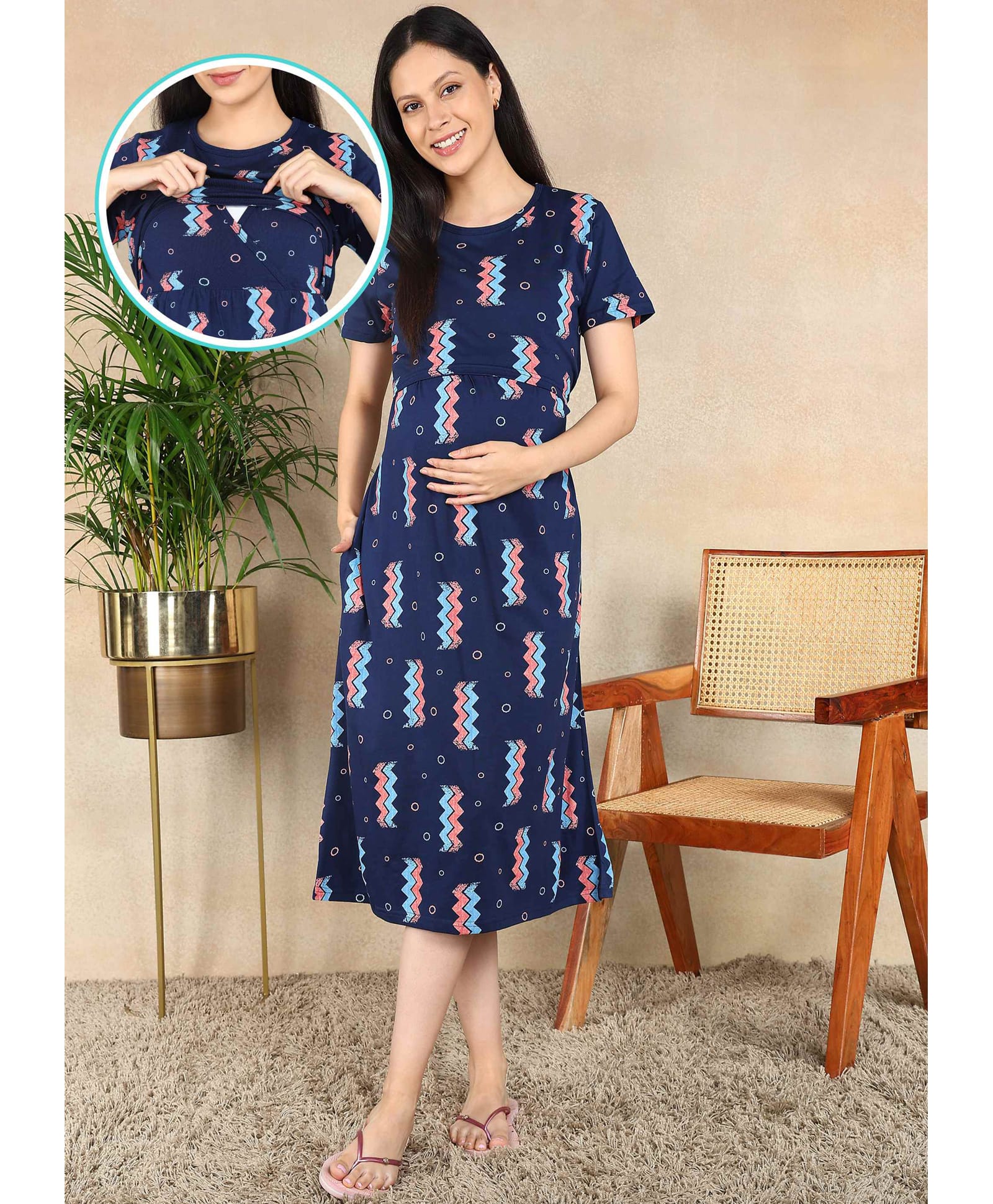 Moms Ever Knitted Knit Half Sleeves Abstract Printed Maternity Nighty With Overlap Nursing Access - Navy Blue-image-41