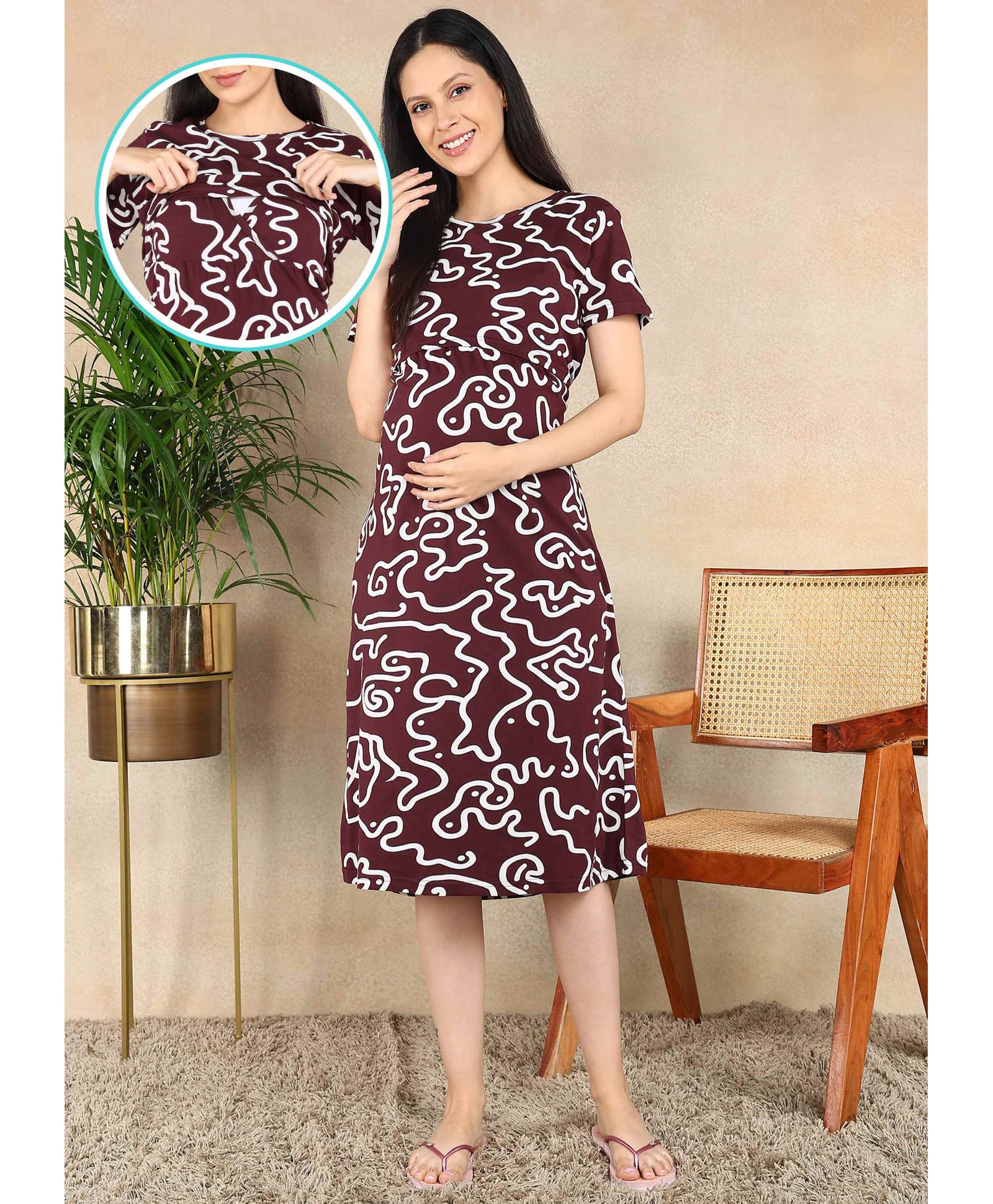 Moms Ever Knitted Knit Half Sleeves Abstract Printed Maternity Nighty With Overlap Nursing Access -Wine-image-37