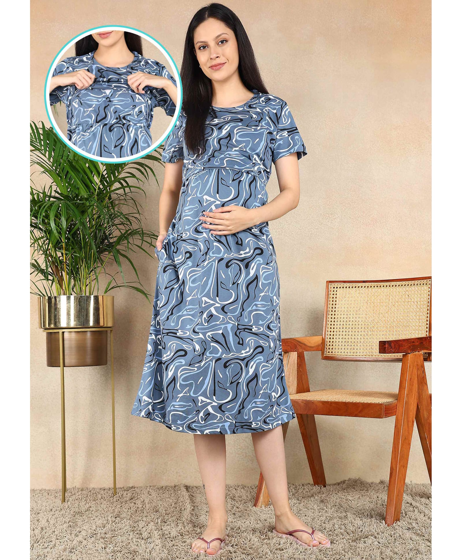 Moms Ever Knitted Knit Half Sleeves Abstract Printed Maternity Nighty With Overlap Nursing Access - Blue-image-43