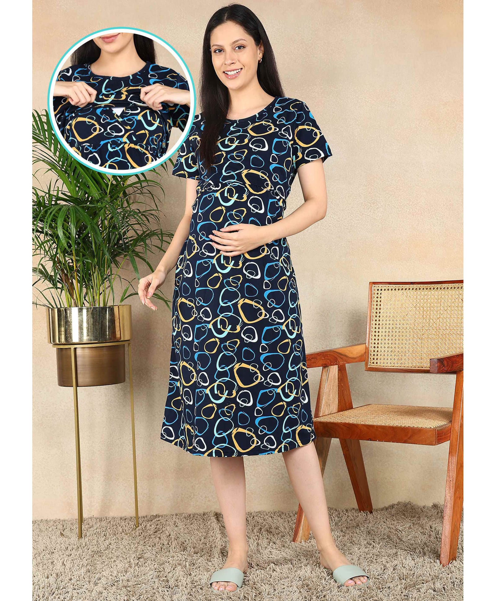 Moms Ever Knitted Knit Half Sleeves Abstract Printed Maternity Nighty With Overlap Nursing Access -Blue-picture-21