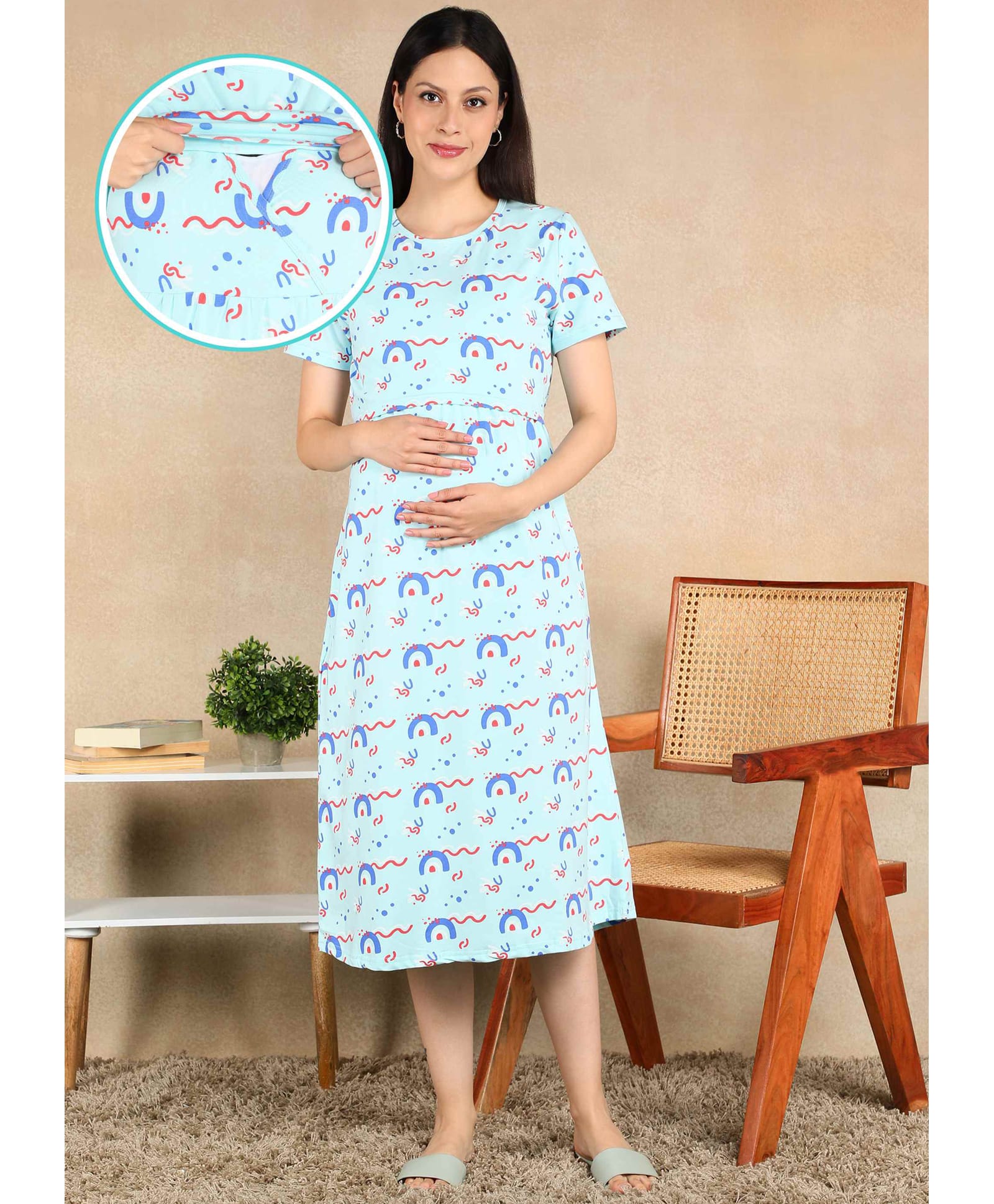 Moms Ever Knitted Knit Half Sleeves Rainbow Printed Maternity Nighty With Overlap Nursing Access - Light Blue-image-44