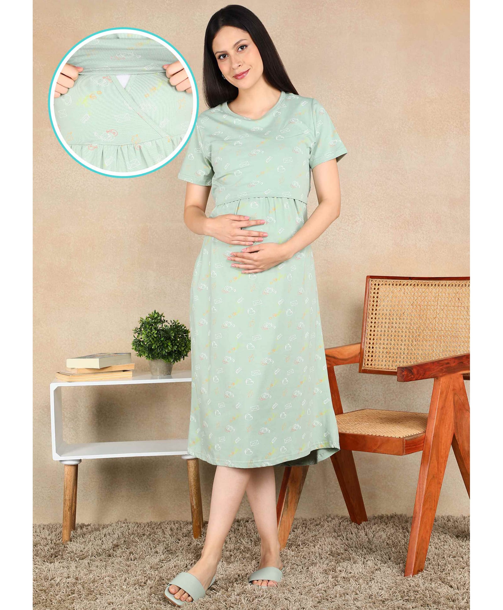 Moms Ever Knitted Knit Half Sleeves Hearts Printed Maternity Nighty With Overlap Nursing Access - Pastel Teal-image-43