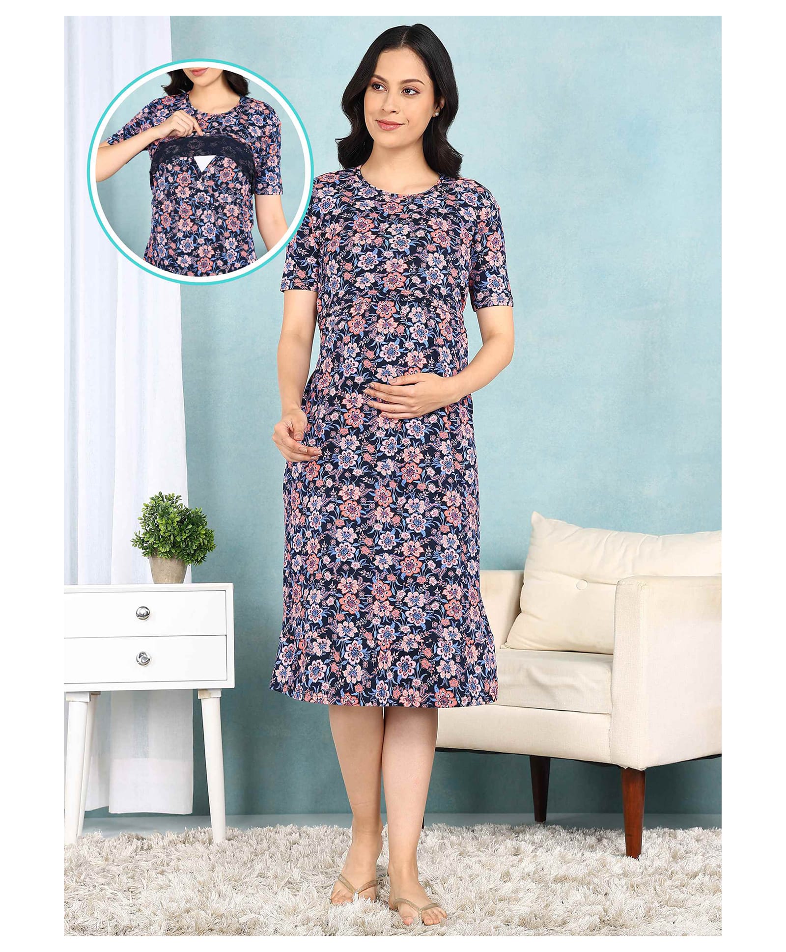 Moms Ever Knitted Knit Half Sleeves Floral Printed Maternity Nighty With Overlap Nursing Access - Multicolor-image-46