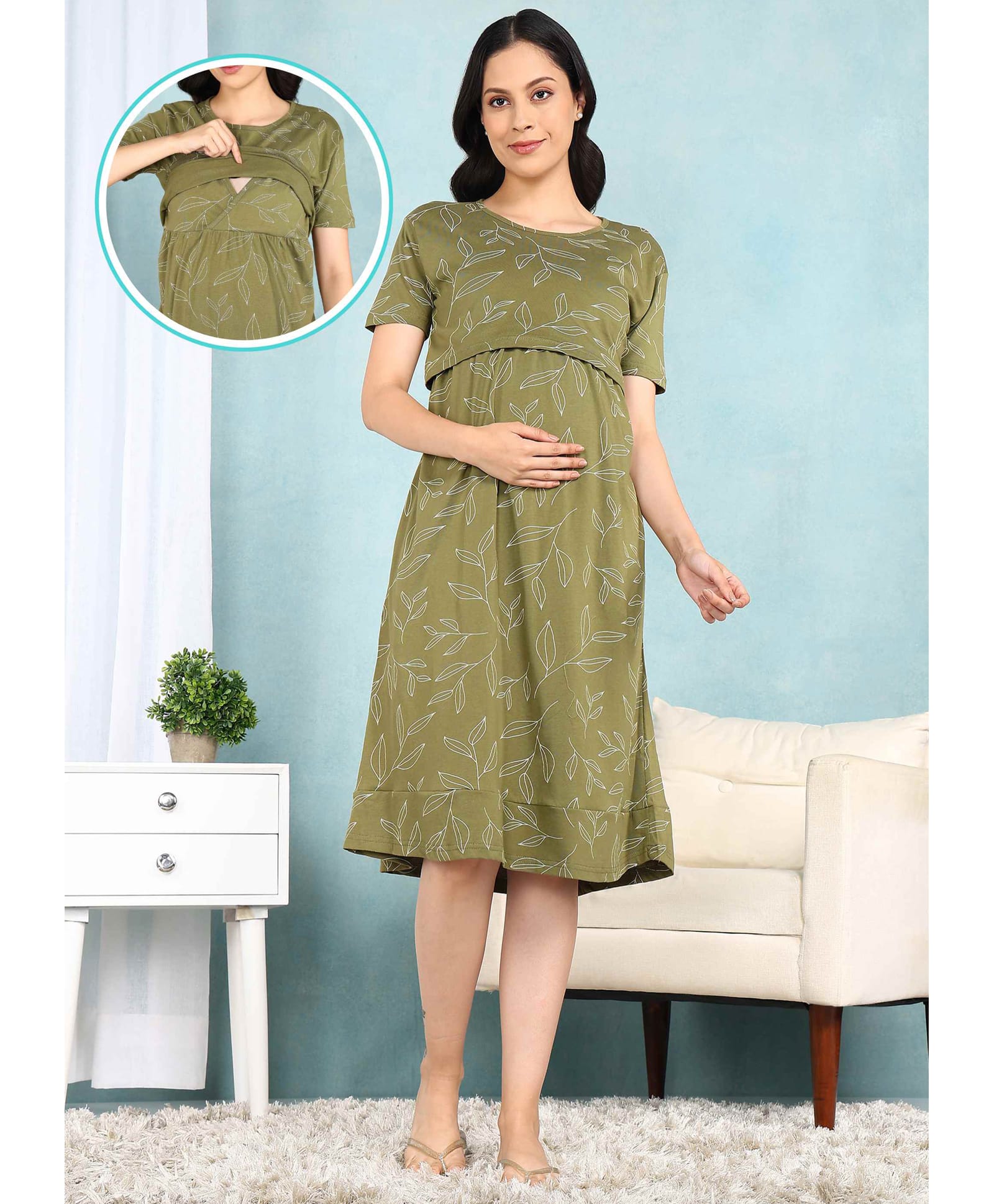 Moms Ever Knitted Knit Half Sleeves Leaves Printed Maternity Nighty With Overlap Nursing Access - Green-image-48