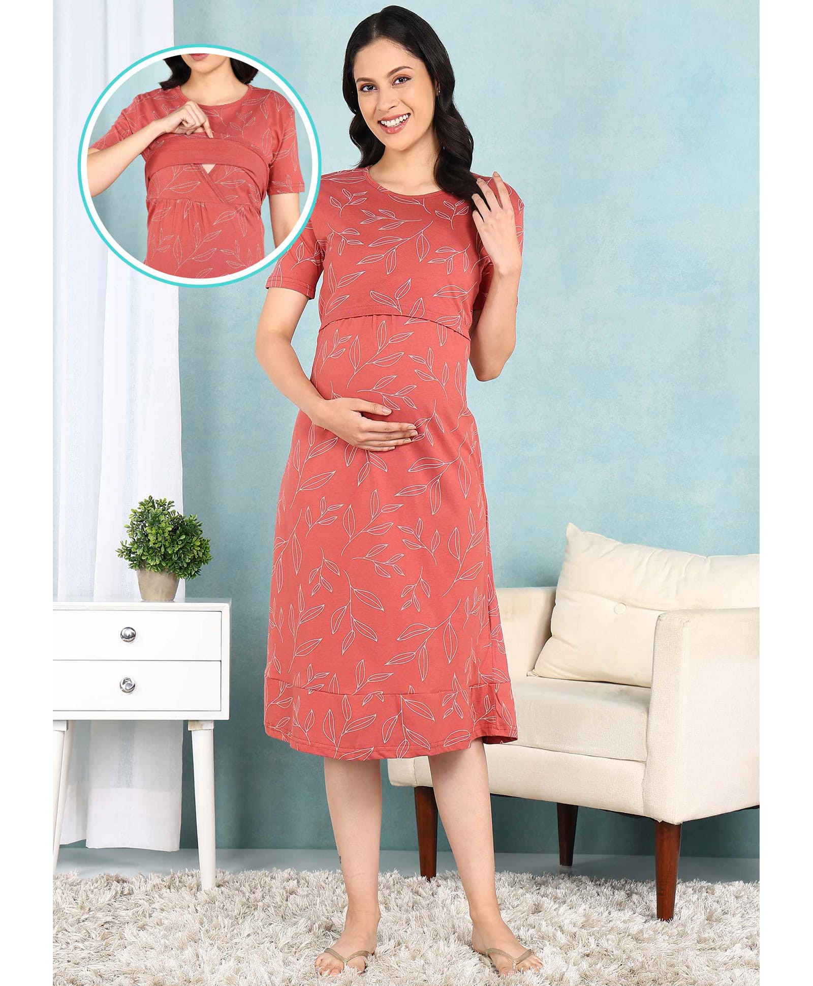 Moms Ever Knitted Knit Half Sleeves Leaves Printed Maternity Nighty With Overlap Nursing Access - Coral-picture-31