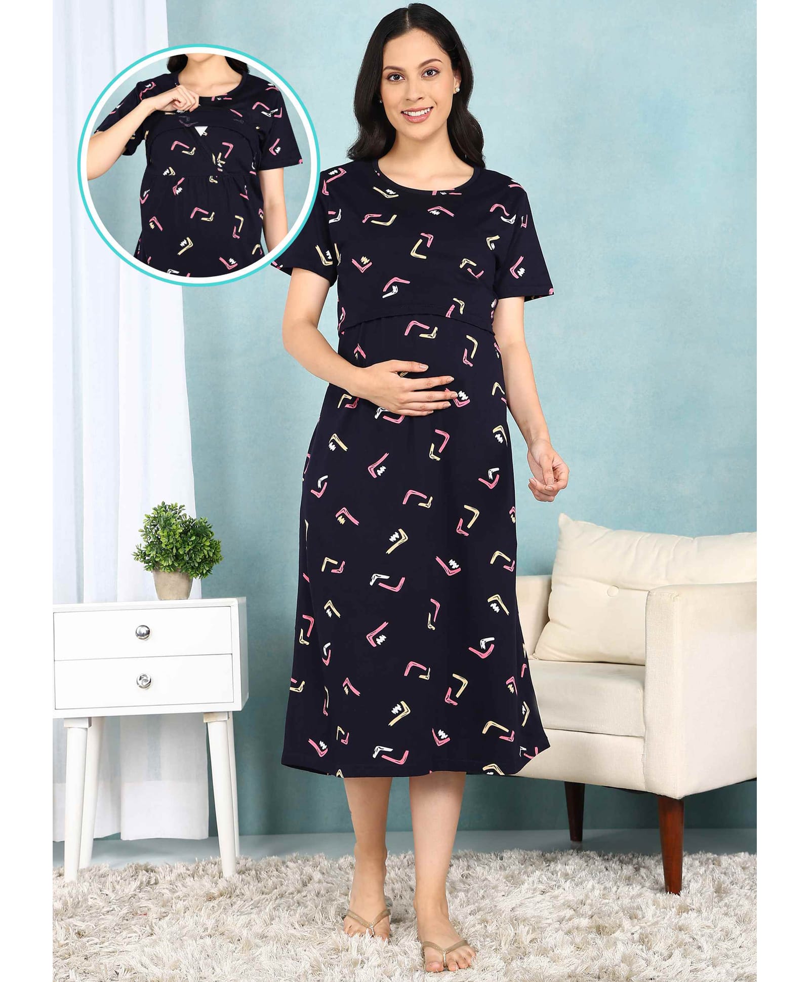 Moms Ever Knitted Knit Half Sleeves Abstract Printed Maternity Nighty With Overlap Nursing Access - Navy Blue-picture-27