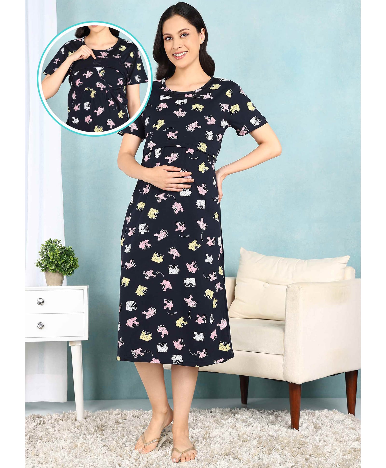 Moms Ever Knitted Knit Half Sleeves Jigsaw Printed Maternity Nighty With Overlap Nursing Access - Black-image-21