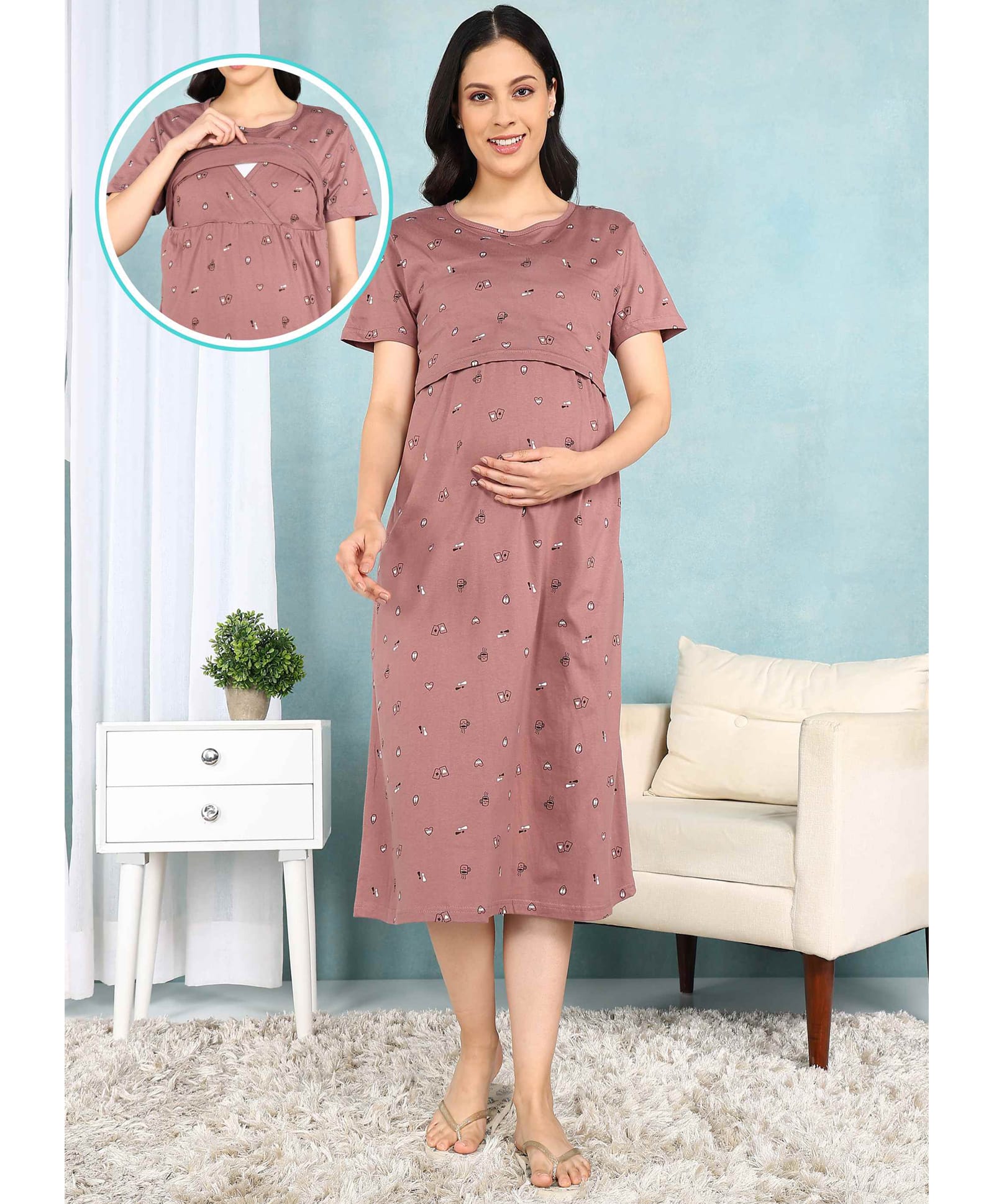 Moms Ever Knitted Knit Half Sleeves Coffee & Hearts Printed Maternity Nighty With Overlap Nursing Access - Brown-image-36