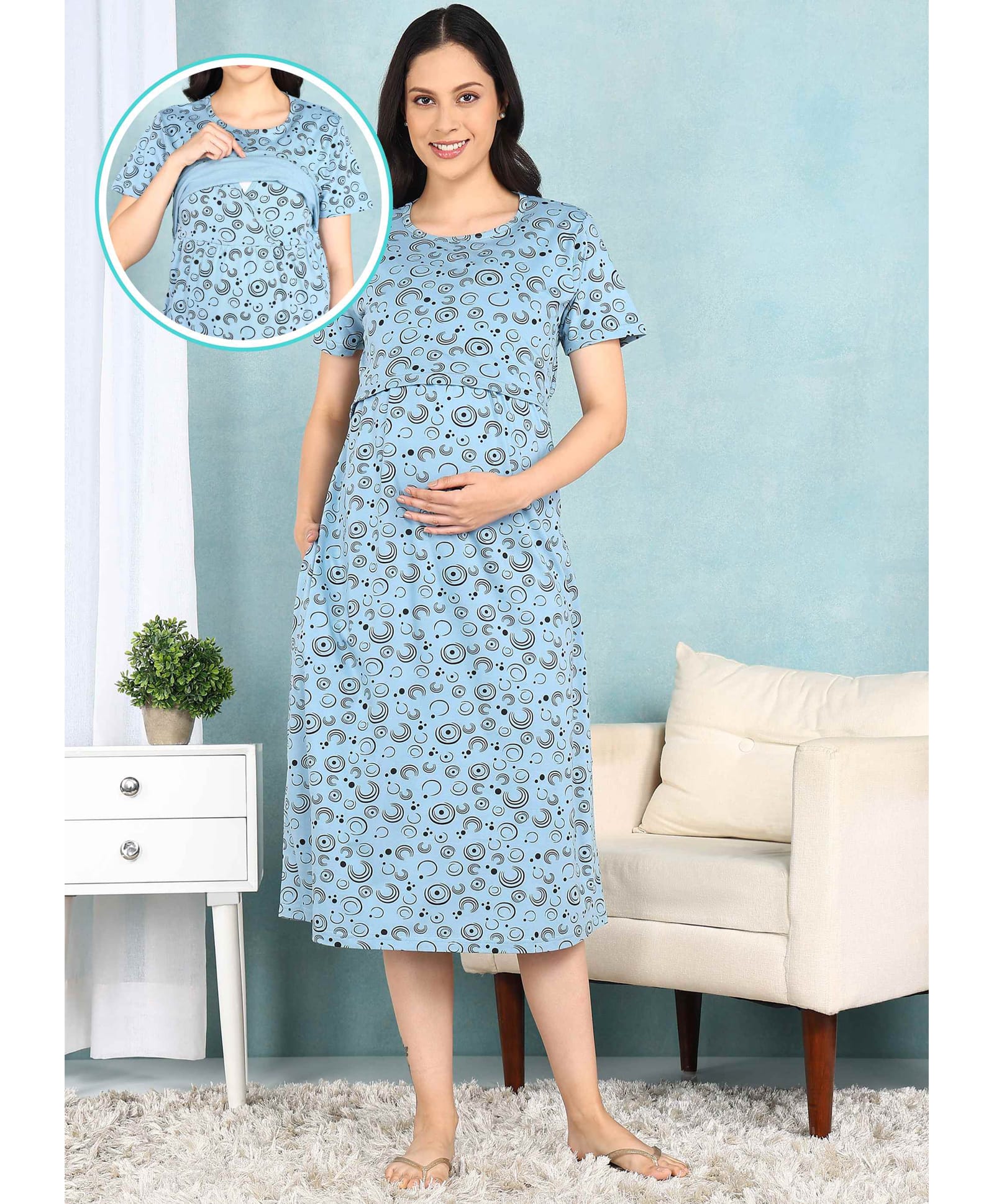 Moms Ever Knitted Knit Half Sleeves Swirls & Dots Printed Maternity Nighty With Overlap Nursing Access - Blue-image-47