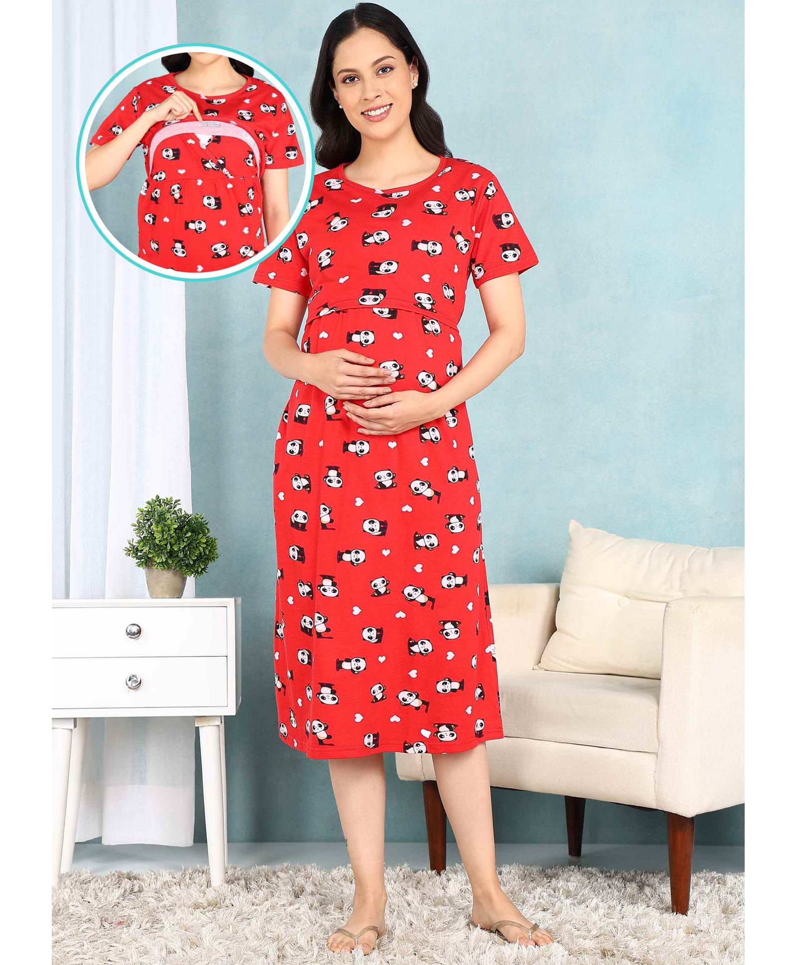 Moms Ever Knitted Knit Half Sleeves Panda Printed Maternity Nighty With Overlap Nursing Access- Red-image-35
