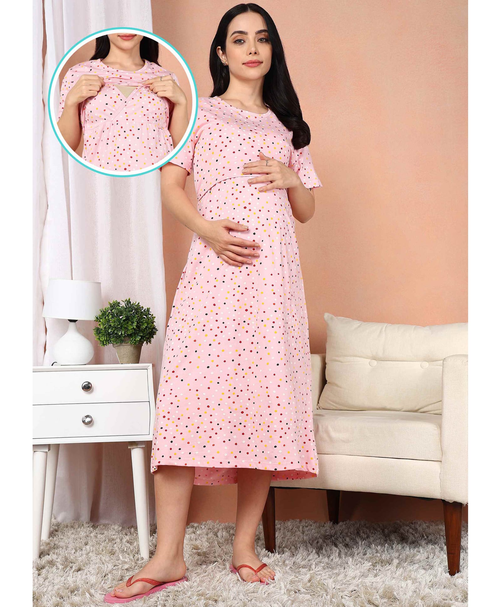 Moms Ever Cotton Knit Half Sleeves Dots Printed Maternity Nighty With Front Open Nursing Access - Peach-image-8