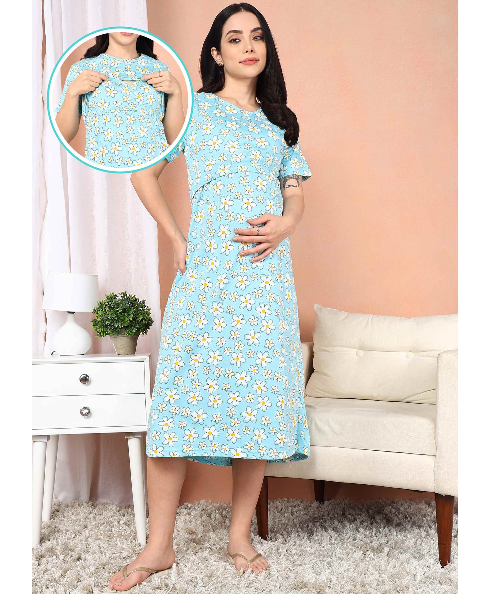 Moms Ever Knitted Knit Half Sleeves Floral Print Maternity Nighty With Front Open Nursing Access - Pastel Blue-image-44