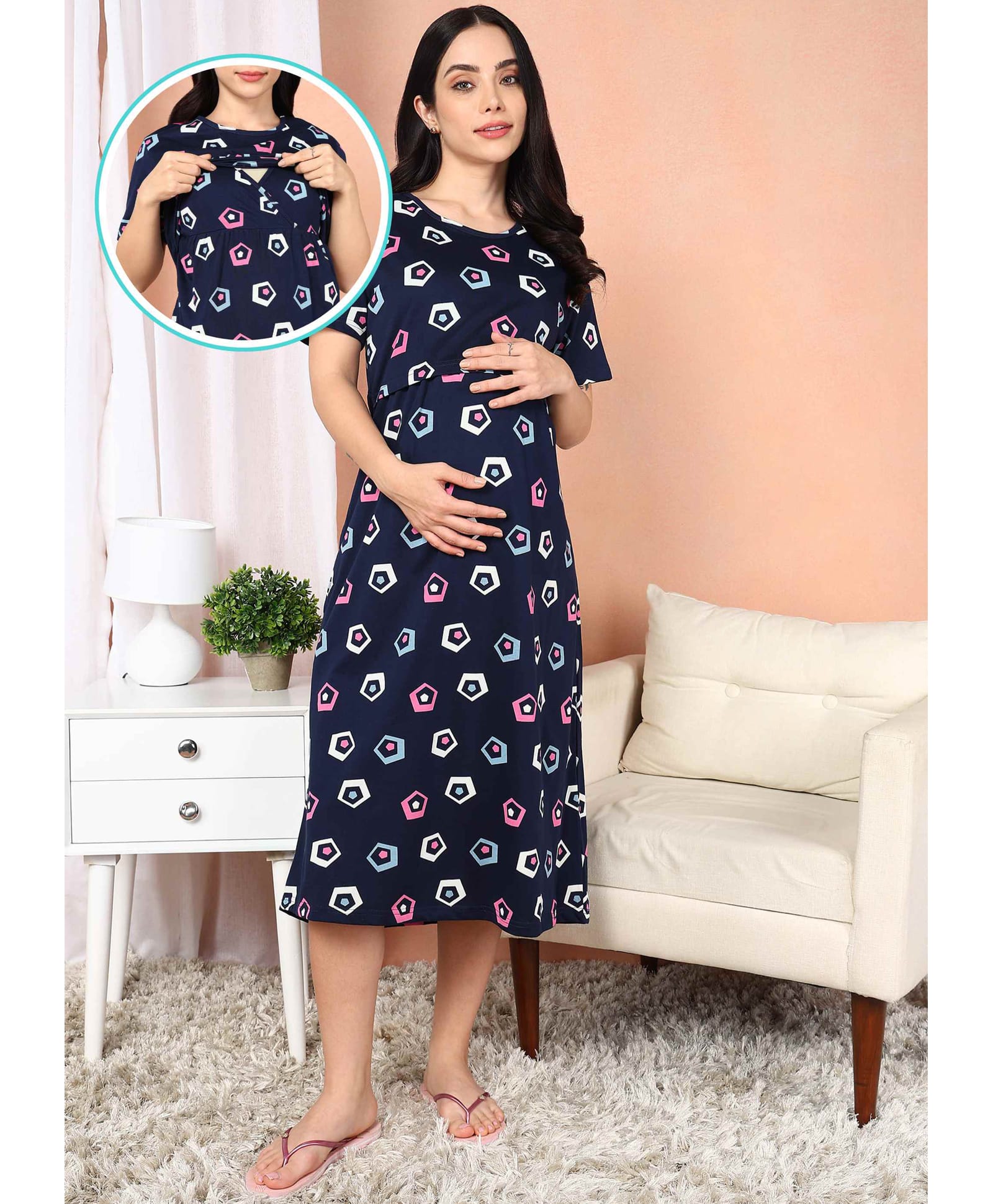 Moms Ever Knitted Knit Half Sleeves Geometric Printed Maternity Nighty With Overlap Nursing Access - Navy Blue-image-37