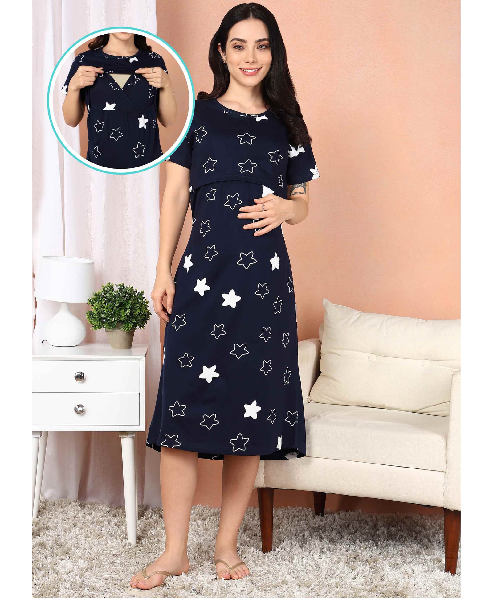 Moms Ever Knitted Knit Half Sleeves Stars Printed Maternity Nighty With Overlap Nursing Access - Navy Blue-image-32