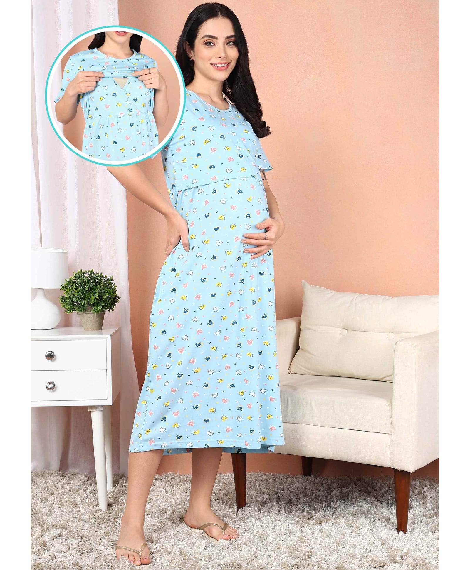 Moms Ever Knitted Knit Half Sleeves Hearts Printed Maternity Nighty With Overlap Nursing Access - Pastel Blue-image-38