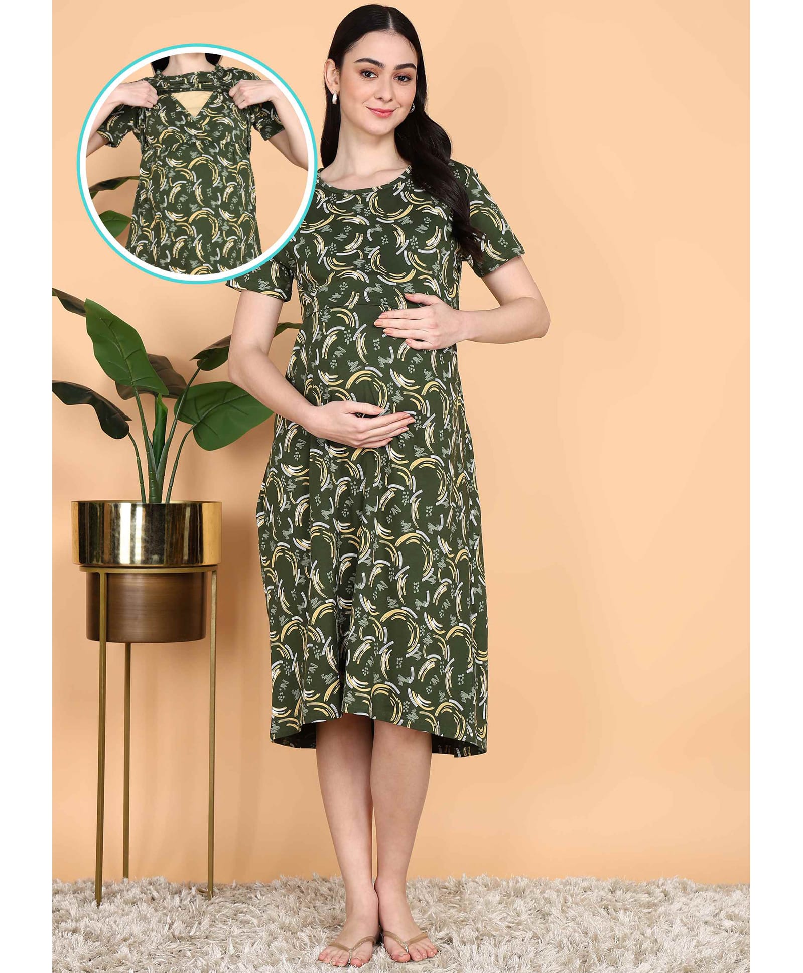 Moms Ever Knitted Knit Half Sleeves Abstract Printed Maternity Nighty With Front Open Nursing Access - Olive Green-image-42