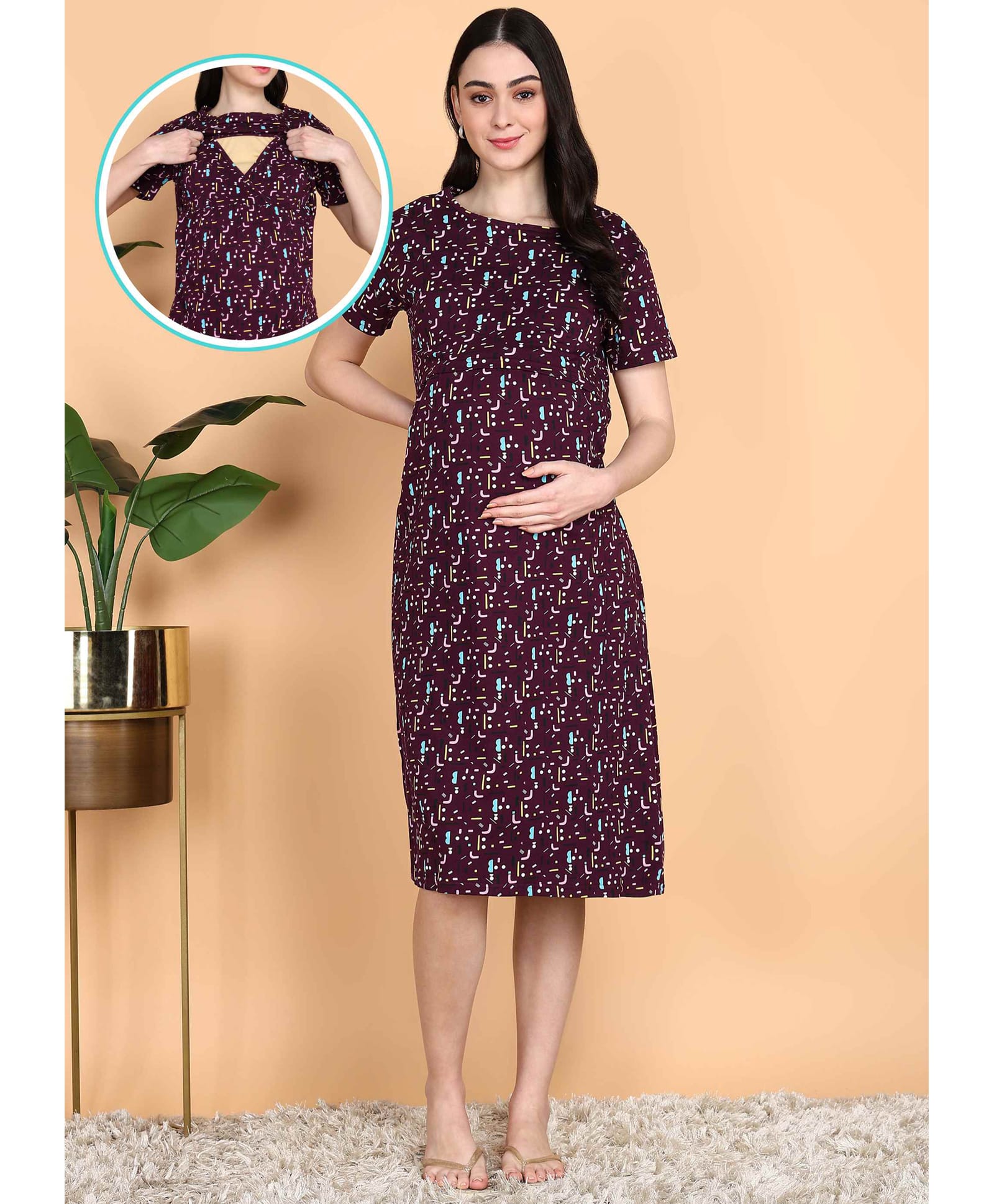 Moms Ever Knitted Knit Half Sleeves Abstract Printed Maternity Nighty With Front Open Nursing Access - Burgundy-image-34