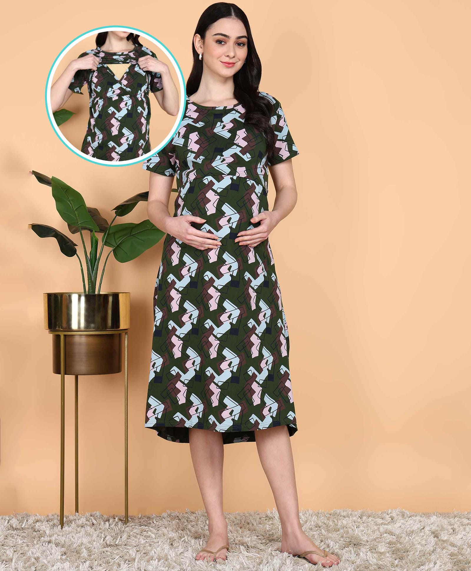Moms Ever Knitted Knit Half Sleeves Abstract Printed Maternity Nighty With Front Open Nursing Access - Military Green-image-36