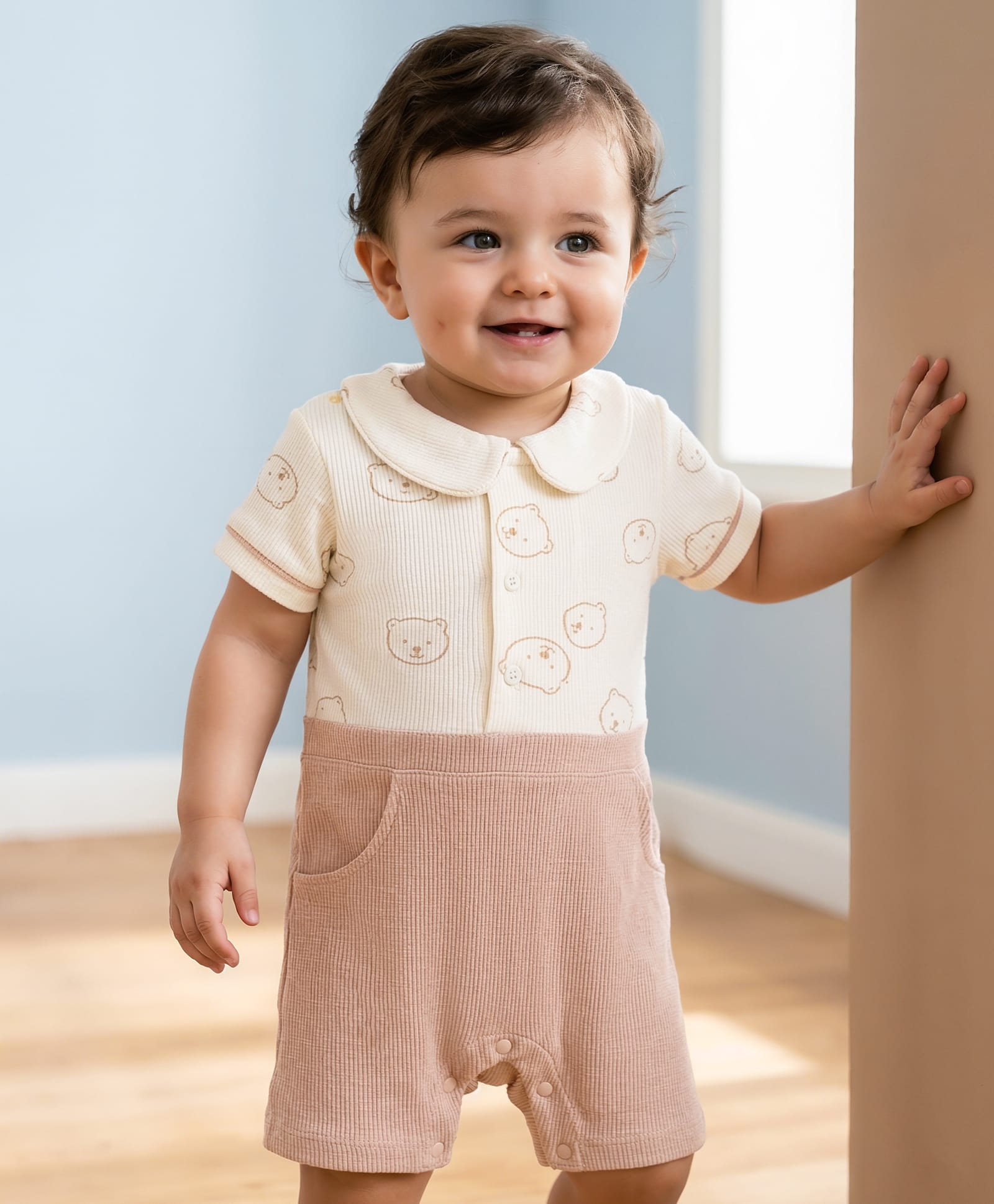 Babyoye 100% Cotton Knit Half Sleeves Romper With Teddy Bear Print - Tan-image-42