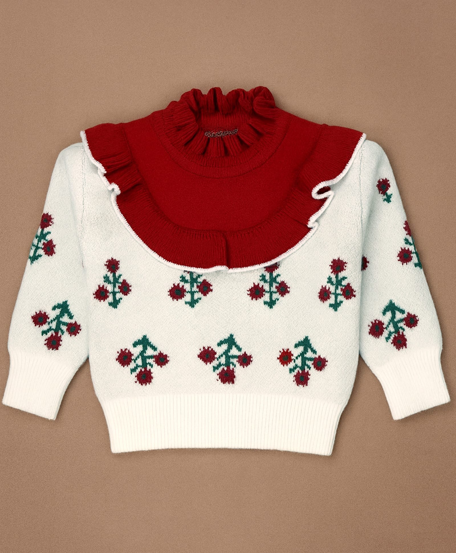 Little Surprise Box Knit Full Sleeves Frill Detailed Floral Designed Colour Blocked Sweater - Red-picture-21