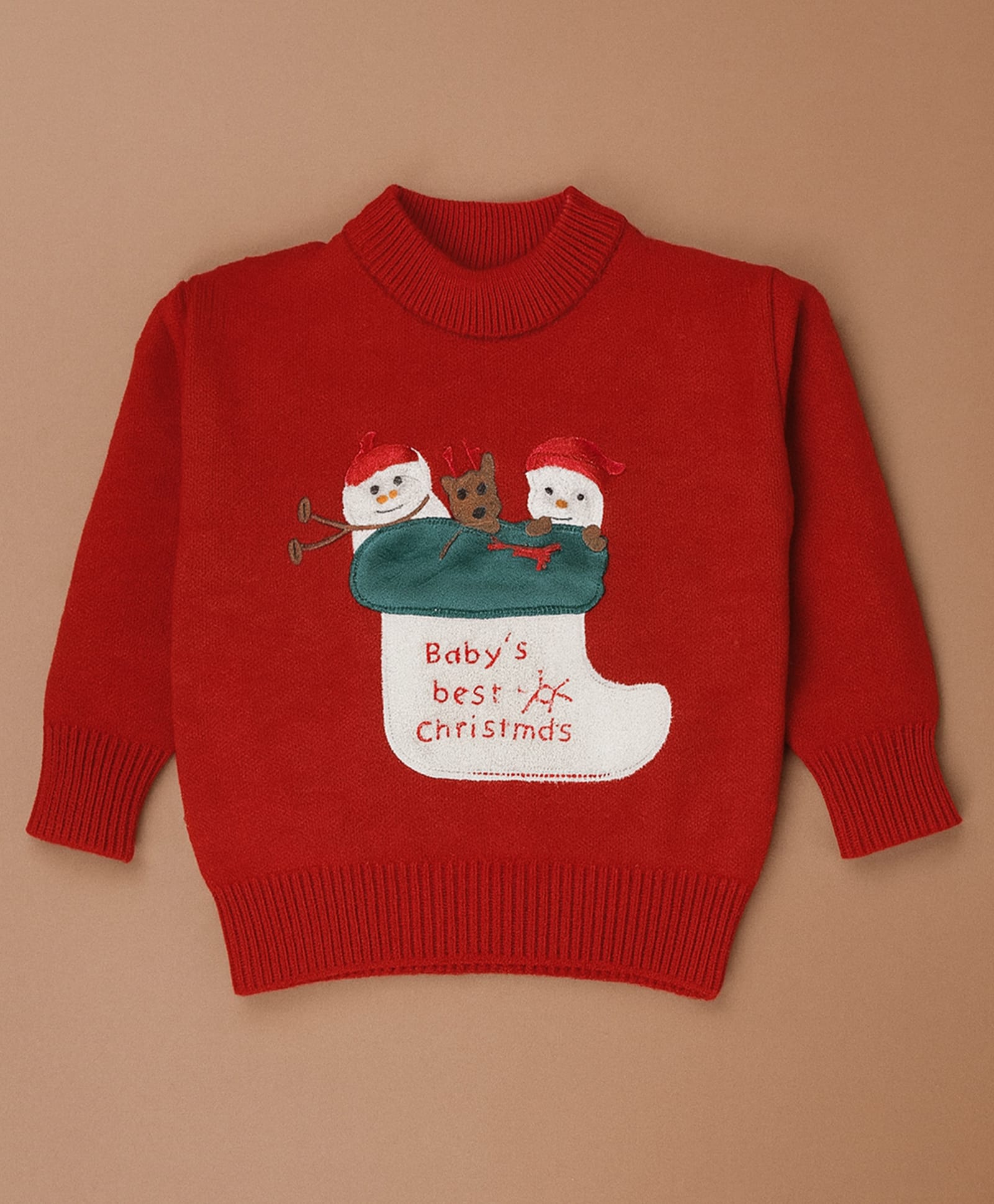 Little Surprise Box Christmas Theme Knit Full Sleeves Santa & SNowman In Stocking Patch Detailed Sweater - Red-picture-15