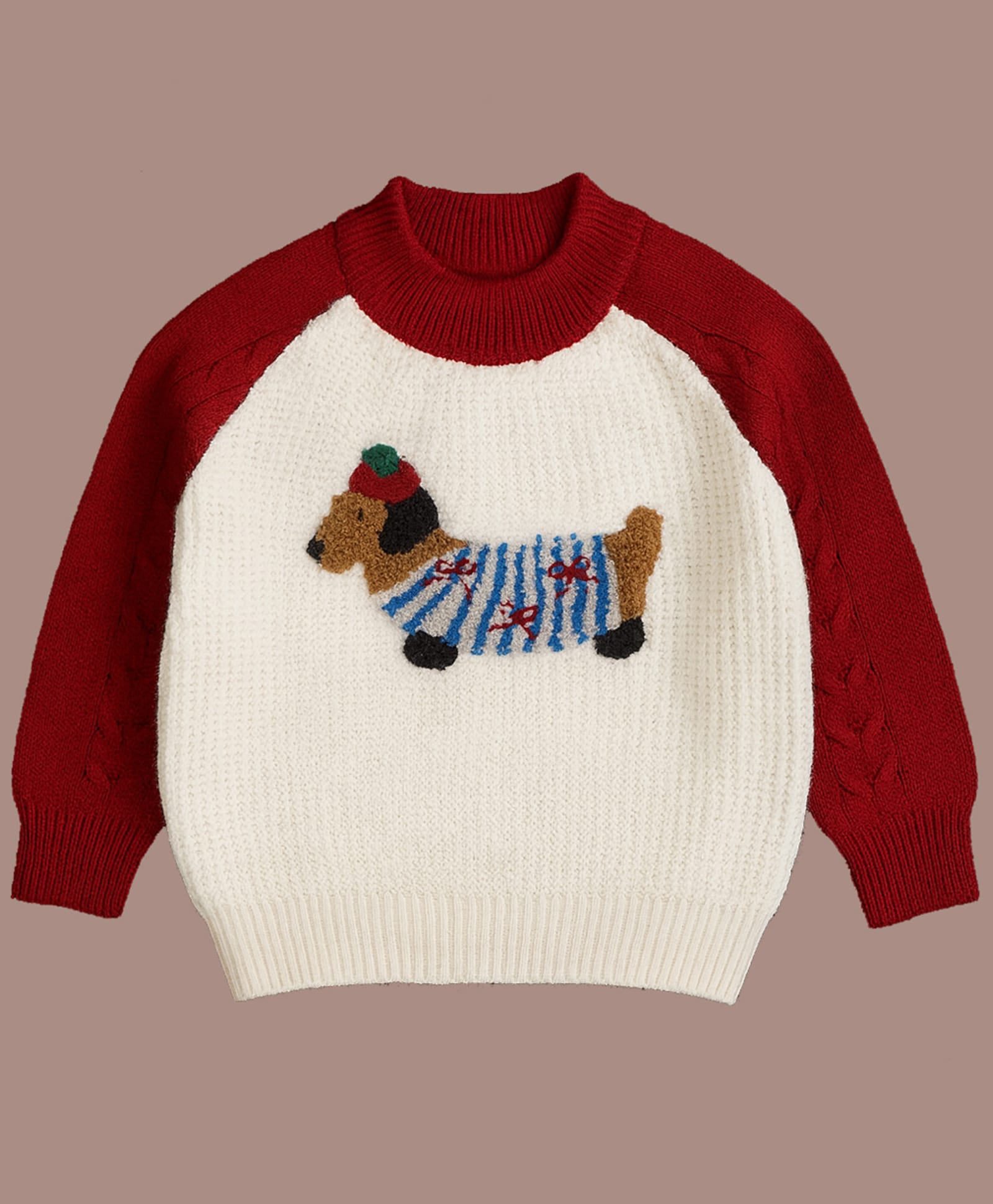 Little Surprise Box Knit Full Raglan Sleeves Dachshund Designed Sweater - Cream-picture-28