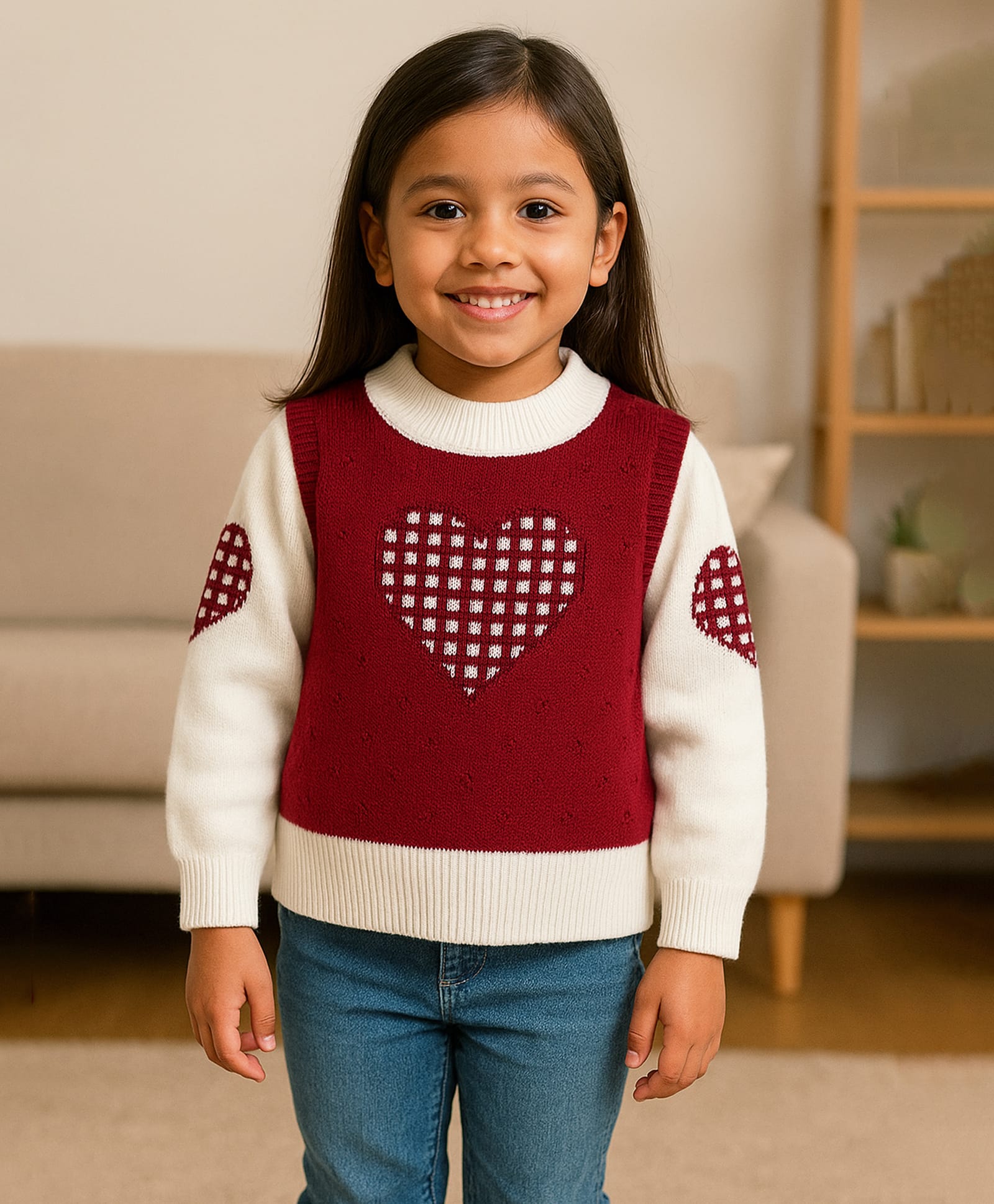 Little Surprise Box Knit Full Sleeves Checked Heart Designed Colour Blocked Sweater - Red-picture-24