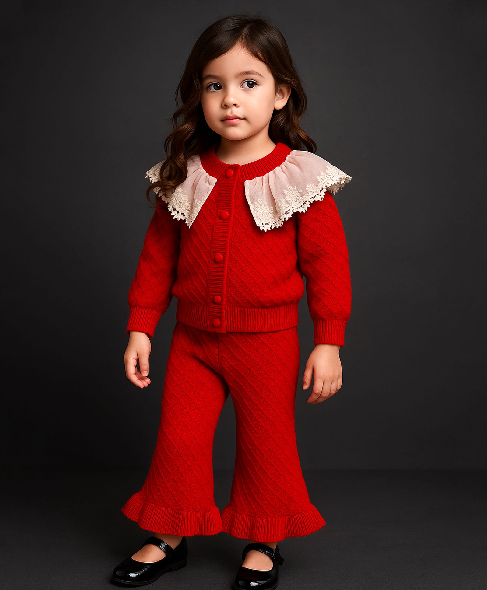 Little Surprise Box Knit Full Sleeves Floral Embroidered Lace Detailed Sweater & Flare Pant Set - Red-picture-27
