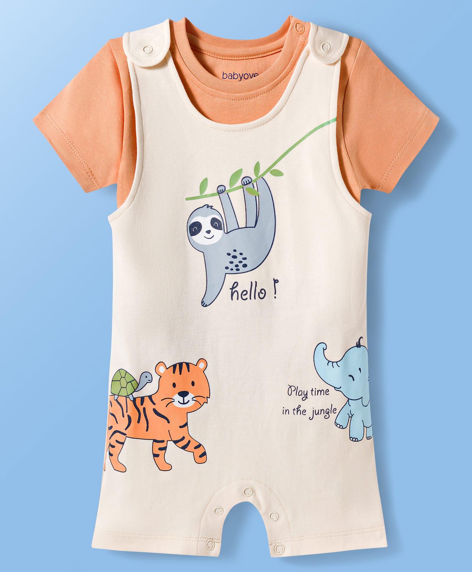 Babyoye 100% Cotton Knit Half Sleeves Dungaree Style Romper with T-Shirt & Animal Print - Cream & Light Brown