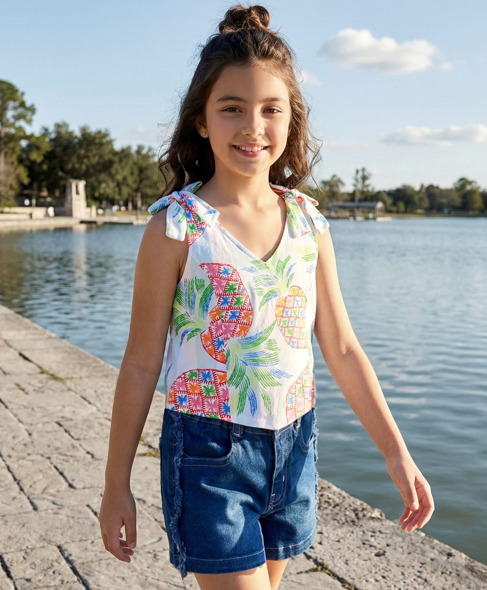 OLLINGTON ST. Cotton Printed Sleeveless Top & Denim Shorts Set - Multicolour & Blue-image-49