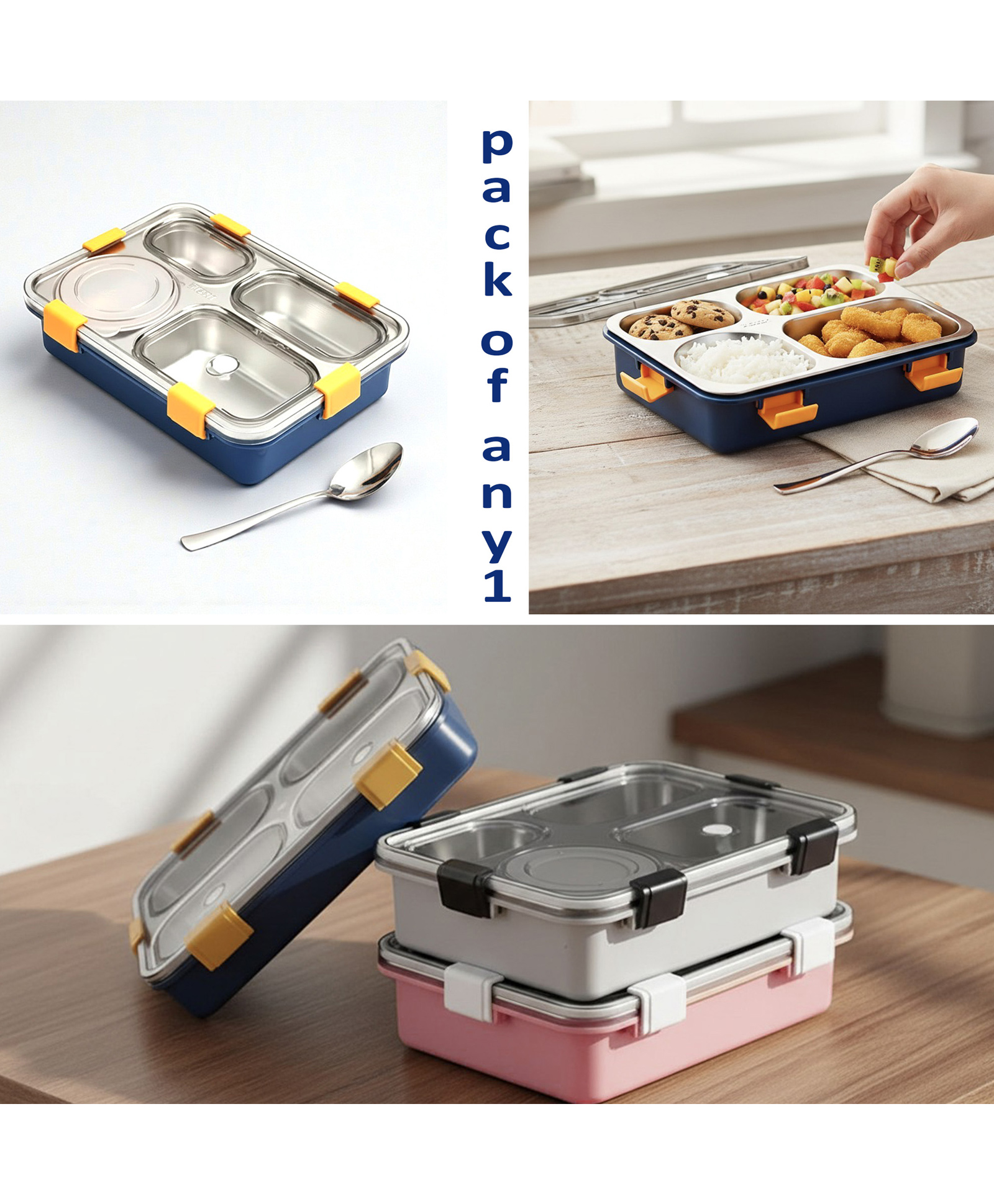 VParents 4 Compartment Stainless Steel Insulated Lunch Box for kids and adults 900ml(assorted)-image-30