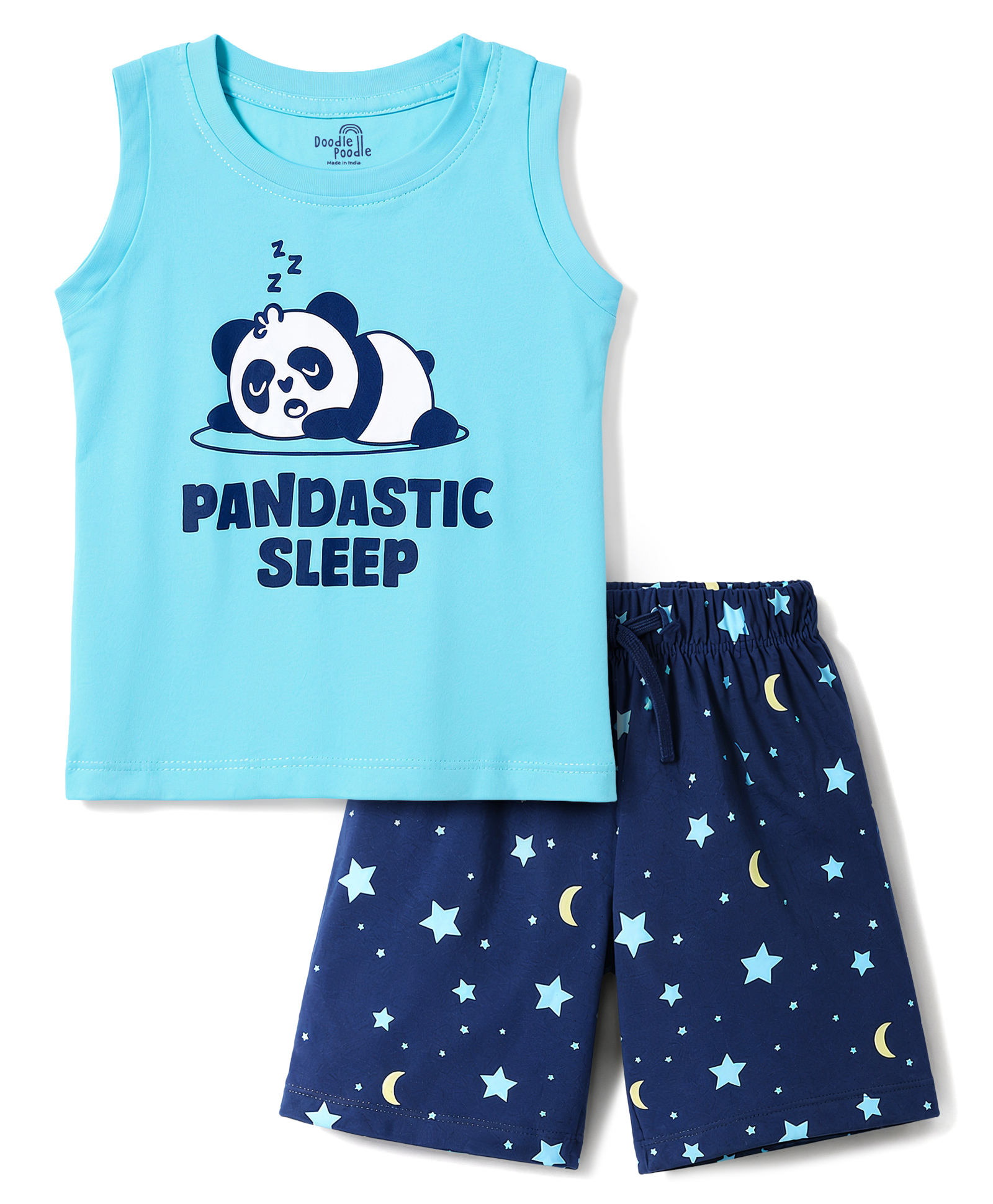 Doodle Poodle 100% Cotton Knit Sleeveless Panda & Star Printed Tank T-Shirt & Shorts Night Suit - Aqua & Navy Blue-image-22