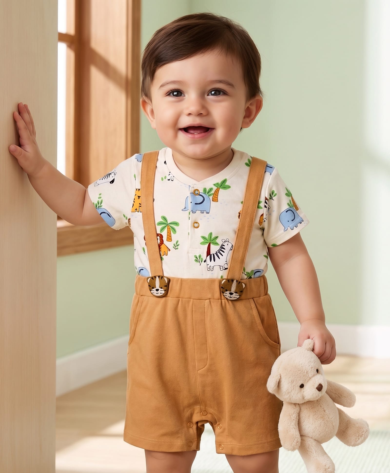 Babyoye 100% Cotton Knit Half Sleeves Jungle Theme Printed Romper - Light Brown-image-13