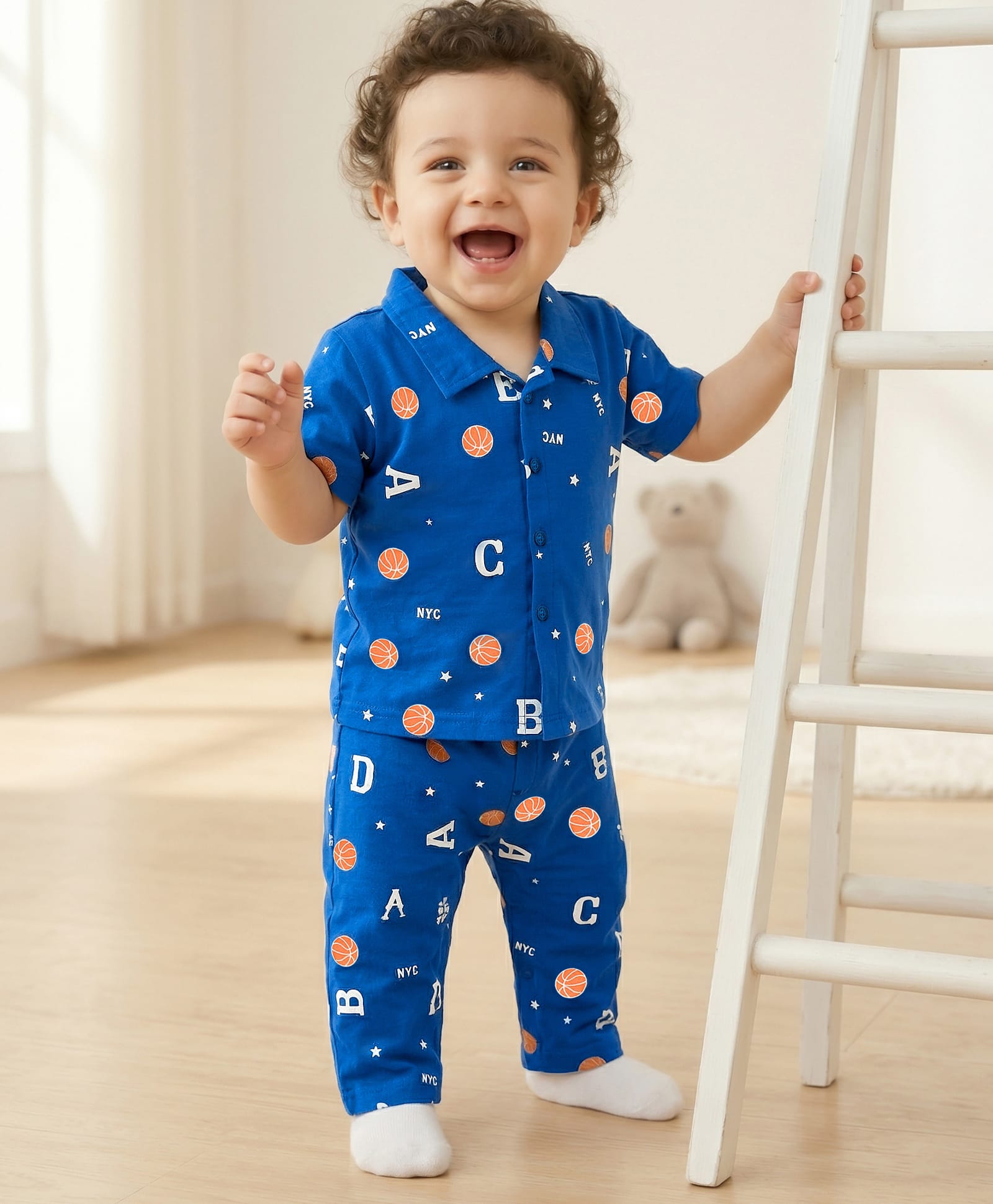 Doodle Poodle 100% Cotton Knit Half Sleeves Front Open Co-ords Shirt & Pajama Night Suit with Ball Print - Blue-image-15