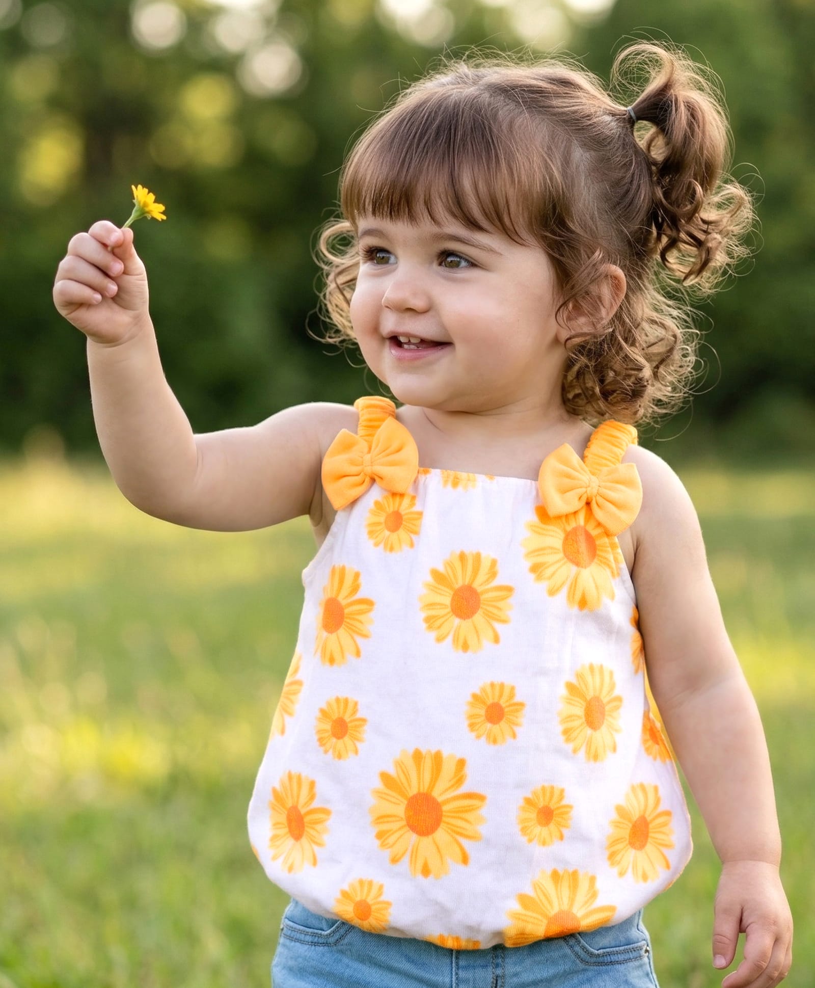 Babyoye Single Jersey Knit Sleeveless Top With Floral Print & Bow Applique - Yellow-picture-8