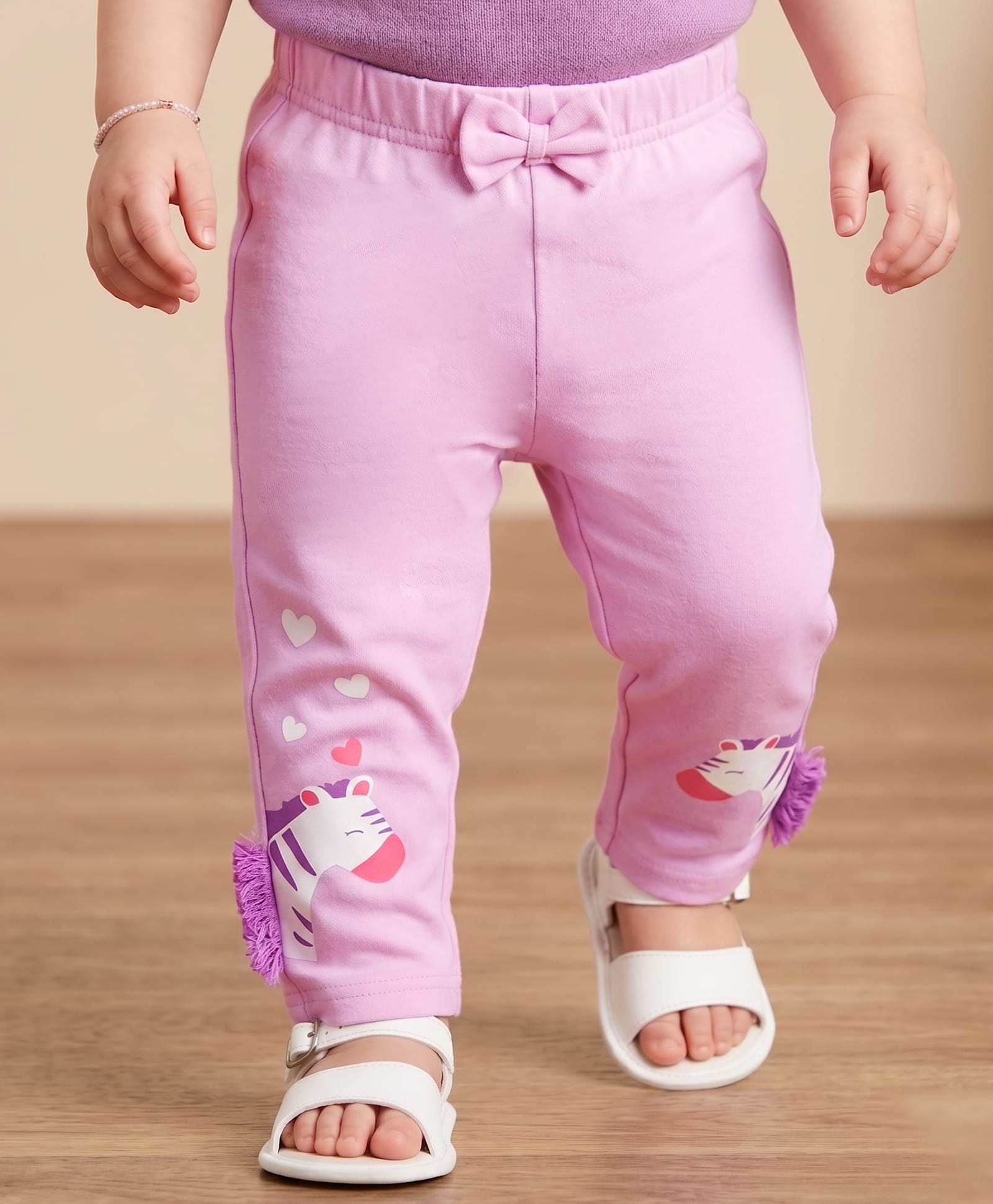 Babyoye Cotton Lycra Knit Full Length Leggings with Zebra Print & Bow Applique - Lavender-picture-24