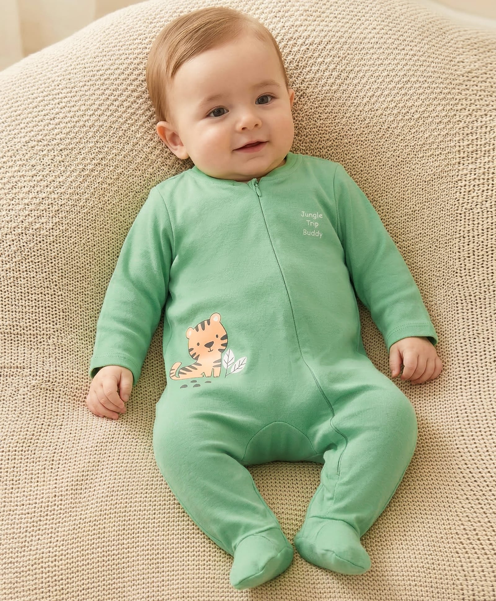 Babyoye 100% Cotton Knit Full Sleeves Sleep Suit with Tiger Print - Mint-image-26
