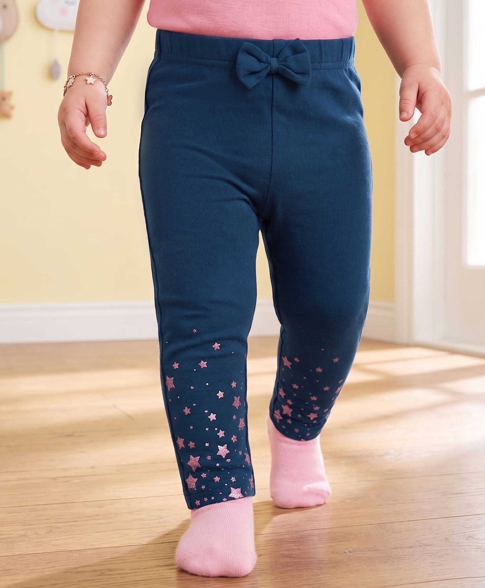 Babyoye Cotton Lycra Knit Full Length Leggings with Star Print & Bow Applique - Navy Blue-picture-30