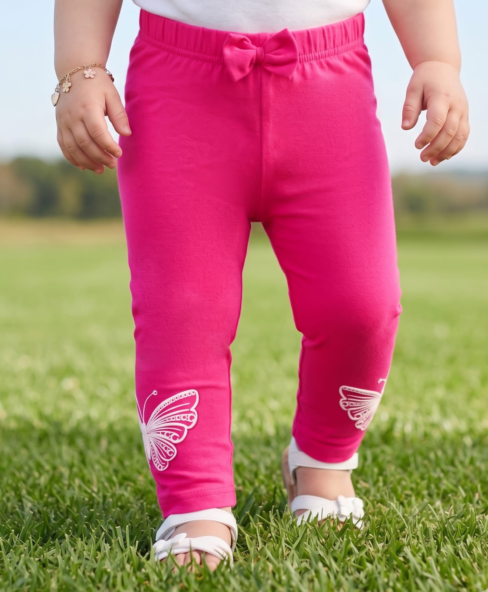 Babyoye Cotton Lycra Knit Full Length Leggings with Butterfly Embroidery & Bow Applique - Pink-picture-21