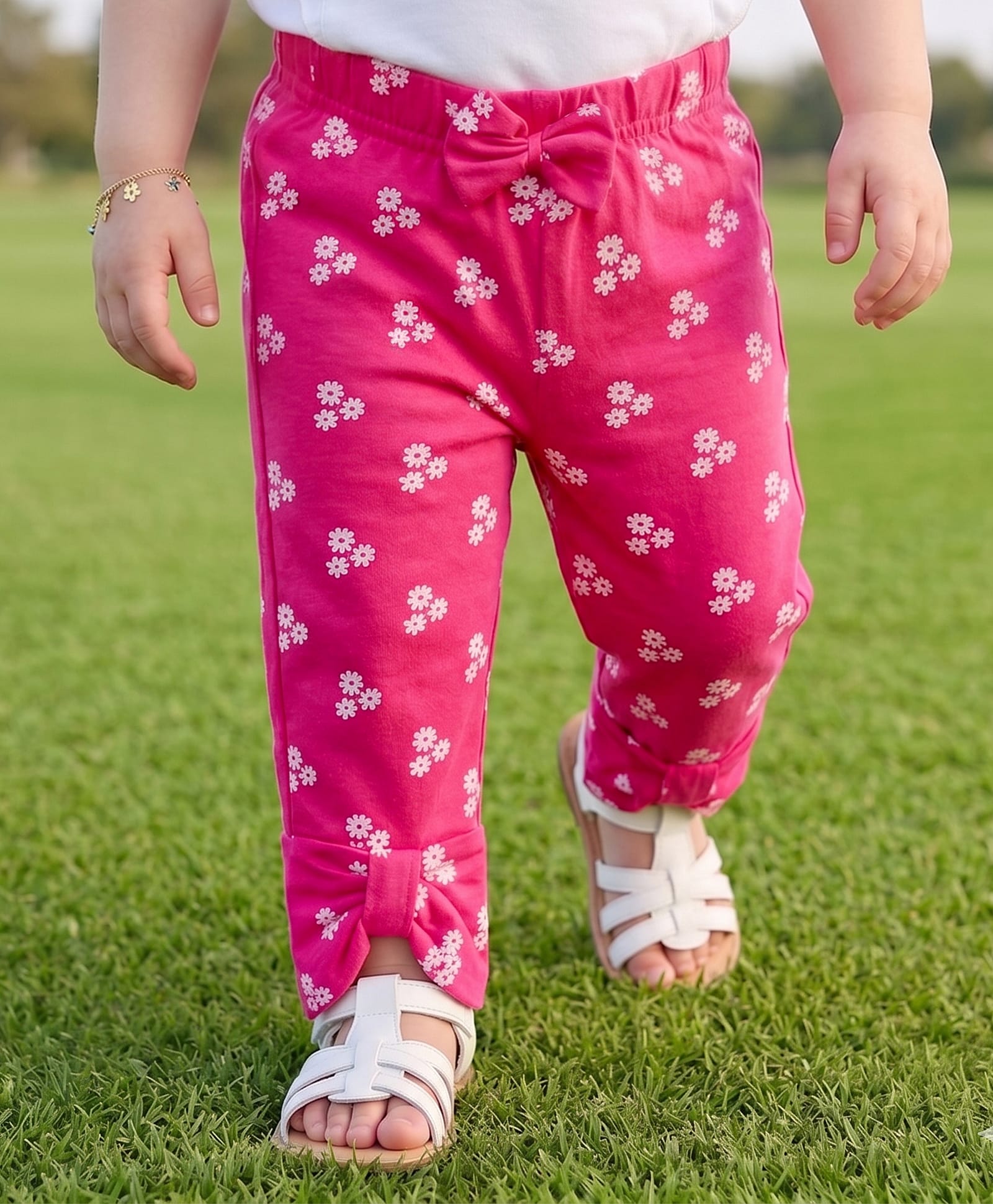Babyoye Cotton Lycra Knit Full Length Floral Printed Leggings With Bow Applique - Pink-picture-33