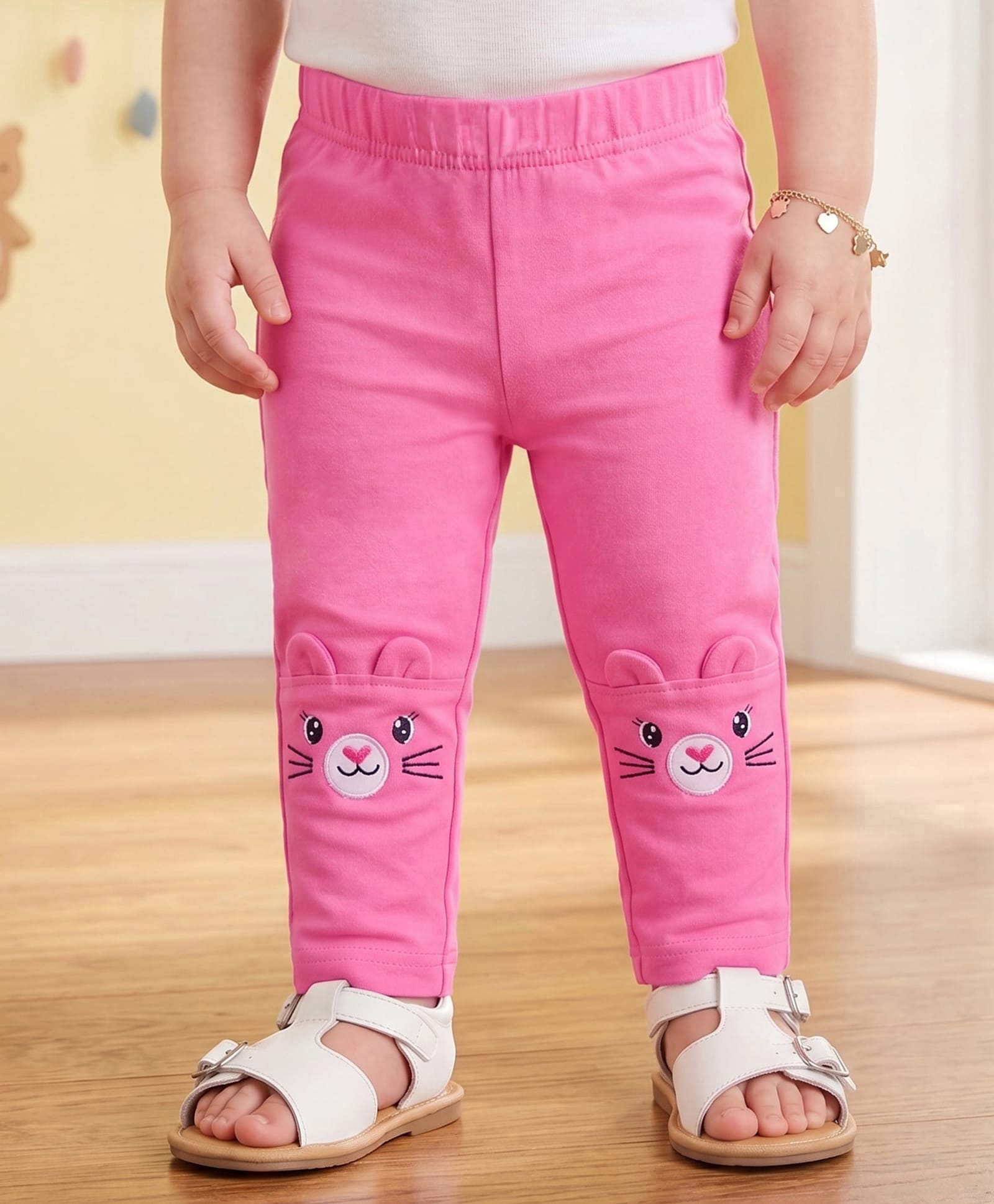 Babyoye Cotton Lycra Knit Full Length Animal Embroidered Leggings With Bow Applique - Pink-picture-38