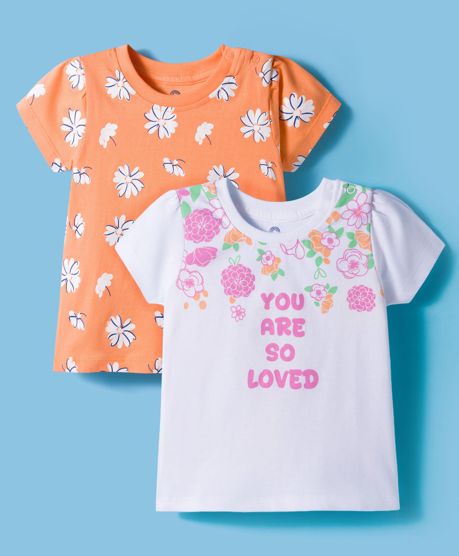 Doodle Poodle 100% Cotton Knit Half Sleeves T-Shirts with Floral Print Pack of 2 - Orange & White-image-19